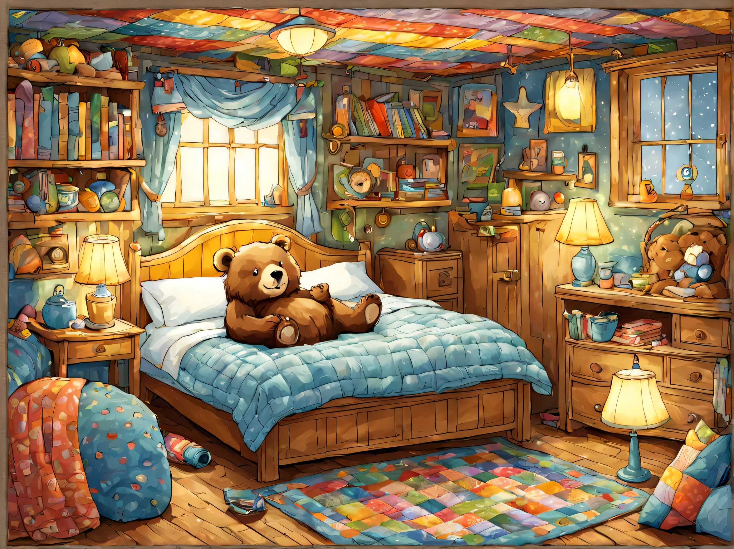 cuteAn illustration,underground:endures:In the hole,bear family:animal:hibernating:cute:nestle:sleep:comfortable and warm:looks happy,An illustration,pop,colorfulに,draw with thick lines,color,dim,lamp light,hibernatingのbear familyが眠っています:dream a happy dream,The nest is warm and full of happiness,,colorful,fancy,fantasy,Patchwork:comforter,Detailed details,fluffy,randolph caldecott style