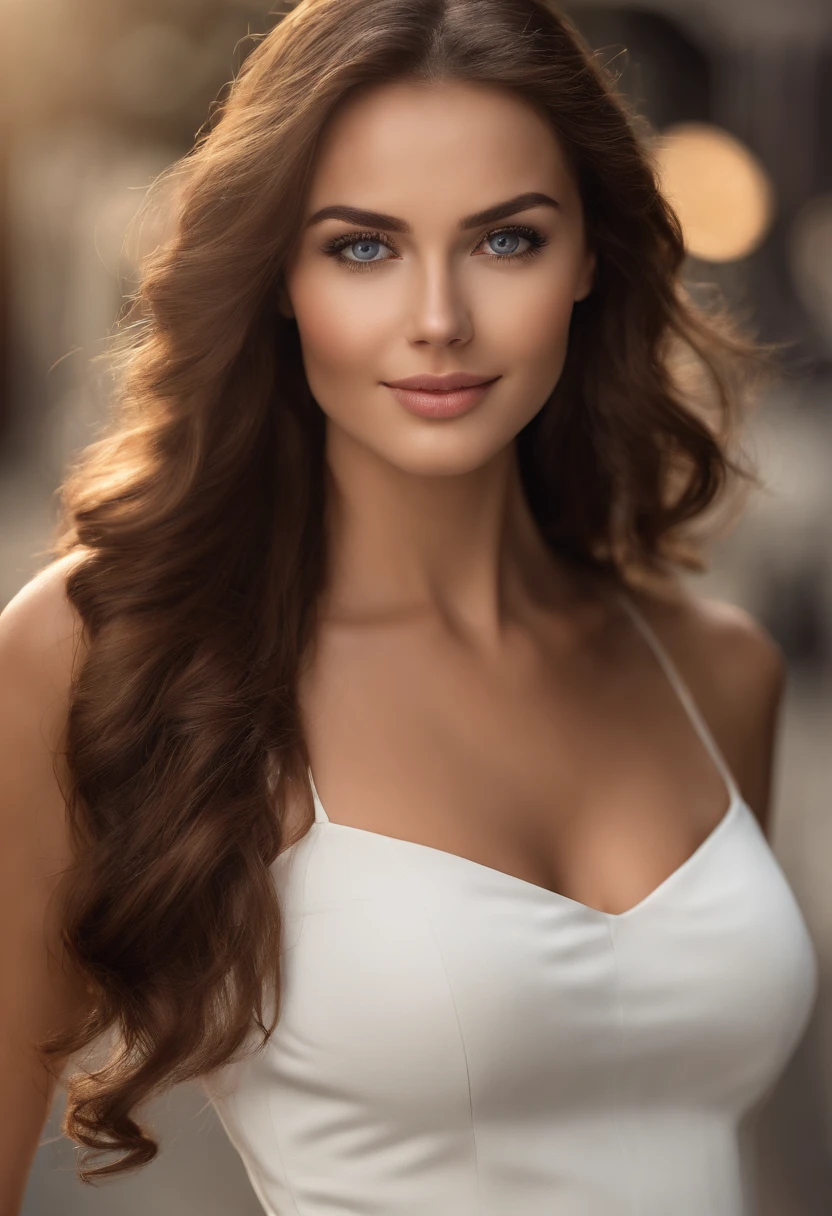27-year-old woman from Liverpool, striking appearance, Long wavy brown hair, bright blue eyes, long eyelashes, neatly groomed eyebrows, Her face is well-proportioned, highlighting her natural beauty., Standing at 170 cm and weighing 58 kg, impressive figure with measurements of 90 cm around the bust, 58 cm at the waist, and 92 cm at the hips., white skin tone complements her healthy and well-maintained appearance., Glamorous and attractive aura., A photograph of her would capture her realistic beauty, accentuated with a skin texture that is brought to life with an 85mm lens. An ideal location for such a photograph would be outside a football stadium in Liverpool, brown hair, pupils sparkling, makeup, light smile, Hyperrealism, from side, Hasselblad, UHD, retina, highres