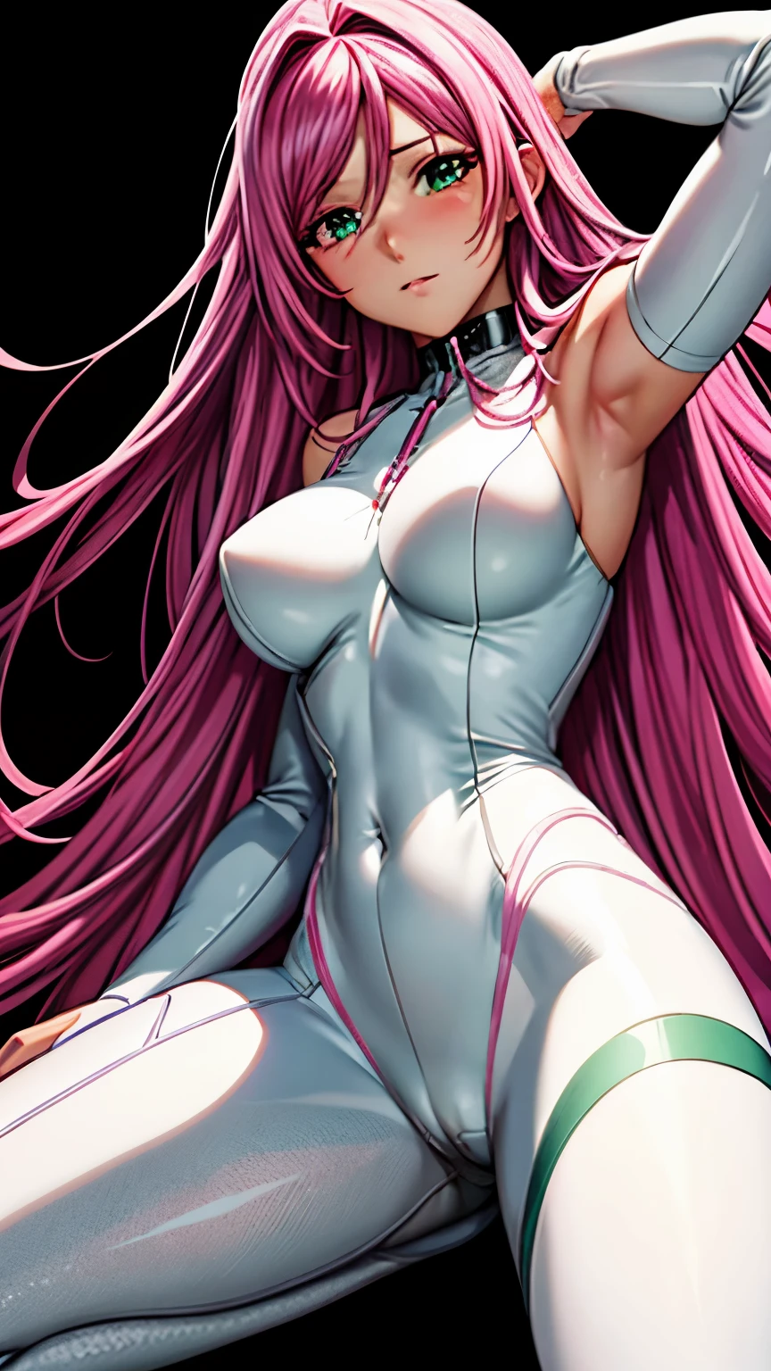 (masterpiece, best quality, ultra-detailed, highres, illustration:0.8), extremely detailed wallpaper, official art, amazing, high detail, ultra-detailed, extremely detailed 8k wallpaper,closed full body, bright pink hair, green eyes with slit pupils, (white background: 1.3), (1girl, solo),(bodysuit),sexy,perfect anatomy,beautiful face, looking down,