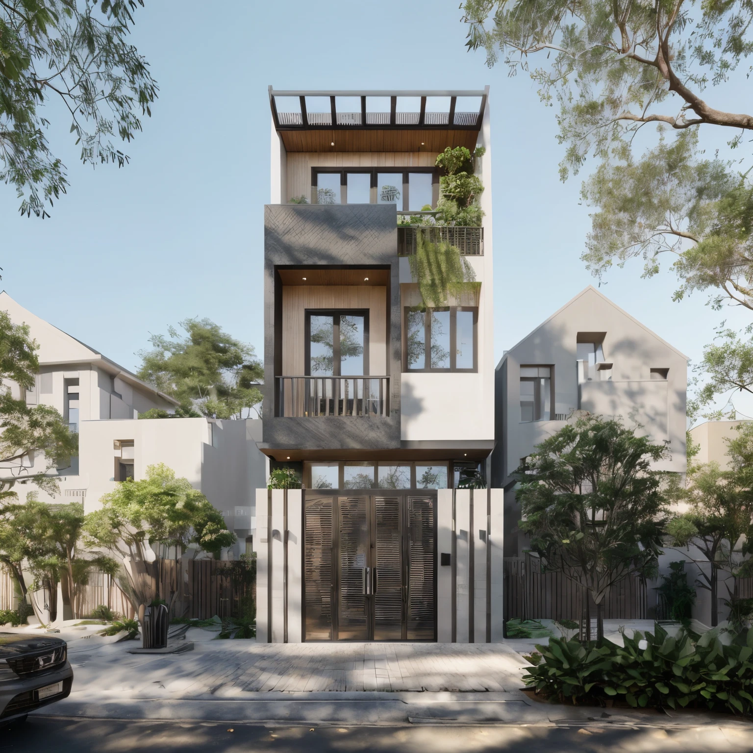 Townhouse in city, (sharp focus) front view of townhouse in style of modern, Vietnamese architecture, east asian architecture, town, blue sky, daylight, warm light, warm atmosphere, high Resolution, 8k, hdr, vray render, hyper realistic, ultra detail, hyper detailed, exterior design  professional photography, exterior photography, wide-angle shot, real world location, road sign, cityscape, pavement, (brown wooden ceilings, ceiling light, glass bancony, the front wall of the ground floor is made by black granite), (bancony have many trees, plans, ivy, palm)