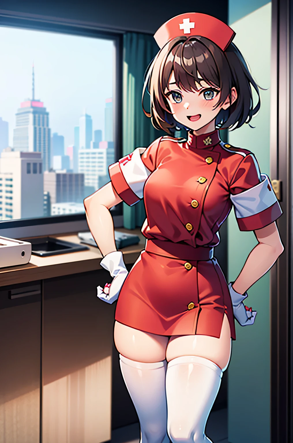 1 girl, alone, nurse, nurse cap, white nurse uniform, ((white legwear, zettai ryouiki)), white gloves, very short hair, orange hair, smile, open your mouth, Are standing, ((hospital room)), sharp outline, short sleeve, Tomboy, boyish, highest quality, masterpiece