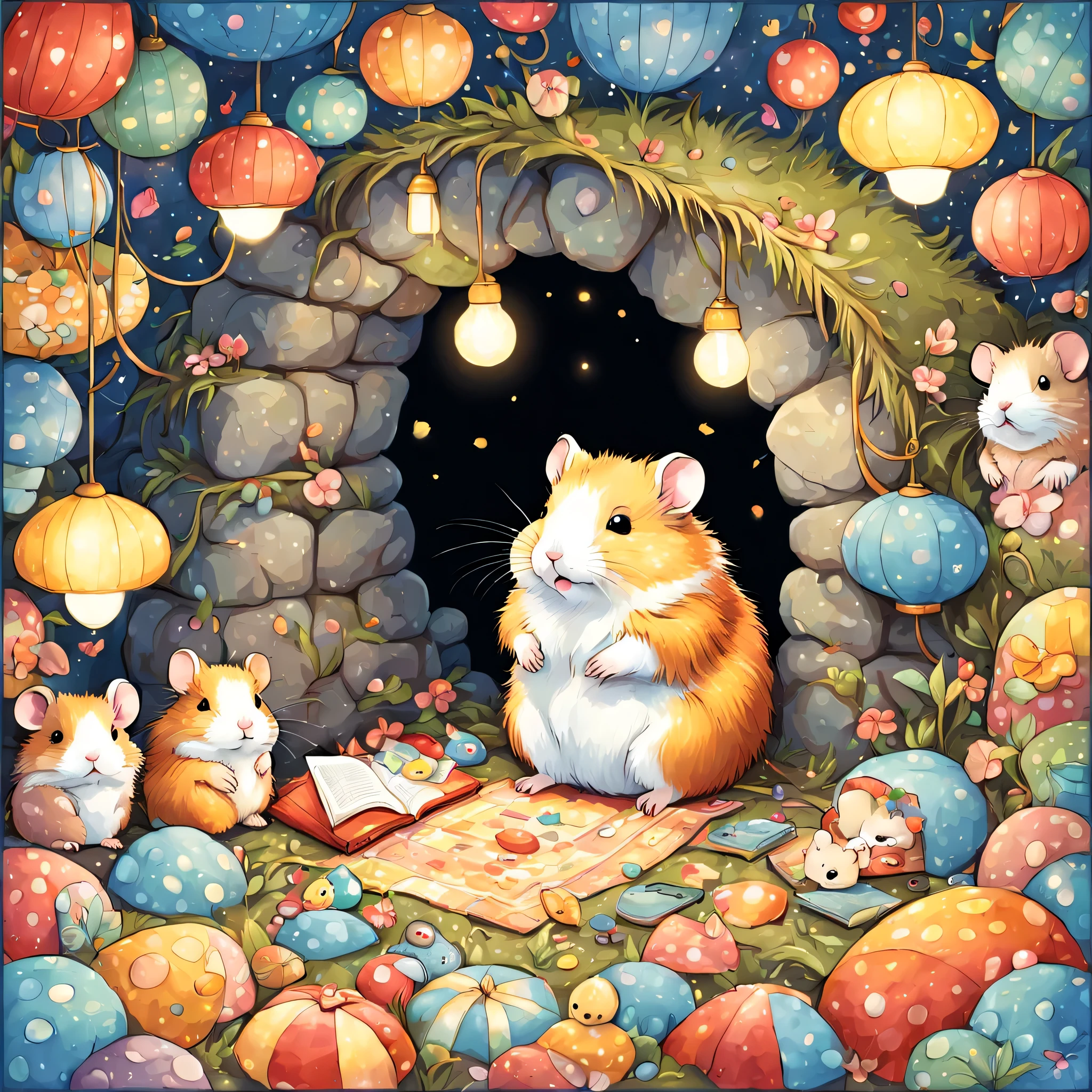 cuteAn illustration,hamsterの巣穴,hamsterの親子:animal:cute:nestle:sleep:comfortable and warm:looks happy,An illustration,pop,colorfulに,color,dim,lamp light,hamsterの親子が眠っています:dream a happy dream,The nest is warm and full of happiness,,colorful,fancy,fantasy,Patchwork:comforter,Detailed details,fluffy,randolph caldecott style,hamster,最高にcutehamster,fluffyhamster