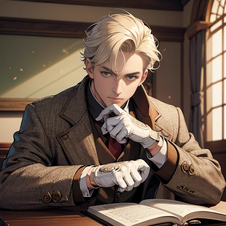 ((best quality)), ((masterpiece)), (detailed),High quality, Ultra detailed, best quality, insanely detailed, beautiful, masterpiece,
Tweed coat, white,  male, 40s,teacher, leather gloves,