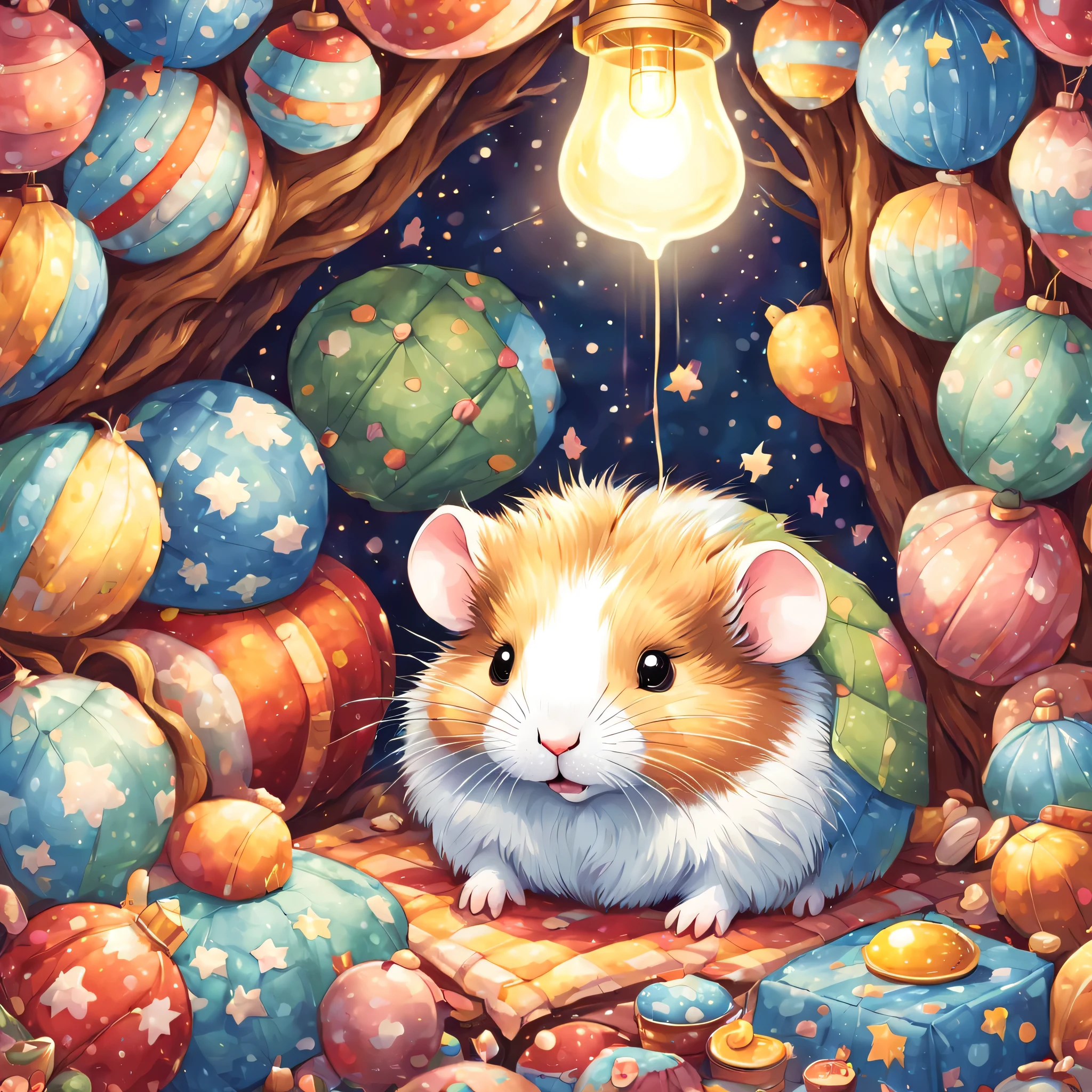 cuteAn illustration,hamsterの巣穴,hamsterの親子:animal:cute:nestle:sleep:comfortable and warm:looks happy,An illustration,pop,colorfulに,color,dim,lamp light,hamsterの親子が眠っています:dream a happy dream,The nest is warm and full of happiness,,colorful,fancy,fantasy,Patchwork:comforter,Detailed details,fluffy,randolph caldecott style,hamster,最高にcutehamster,fluffyhamster