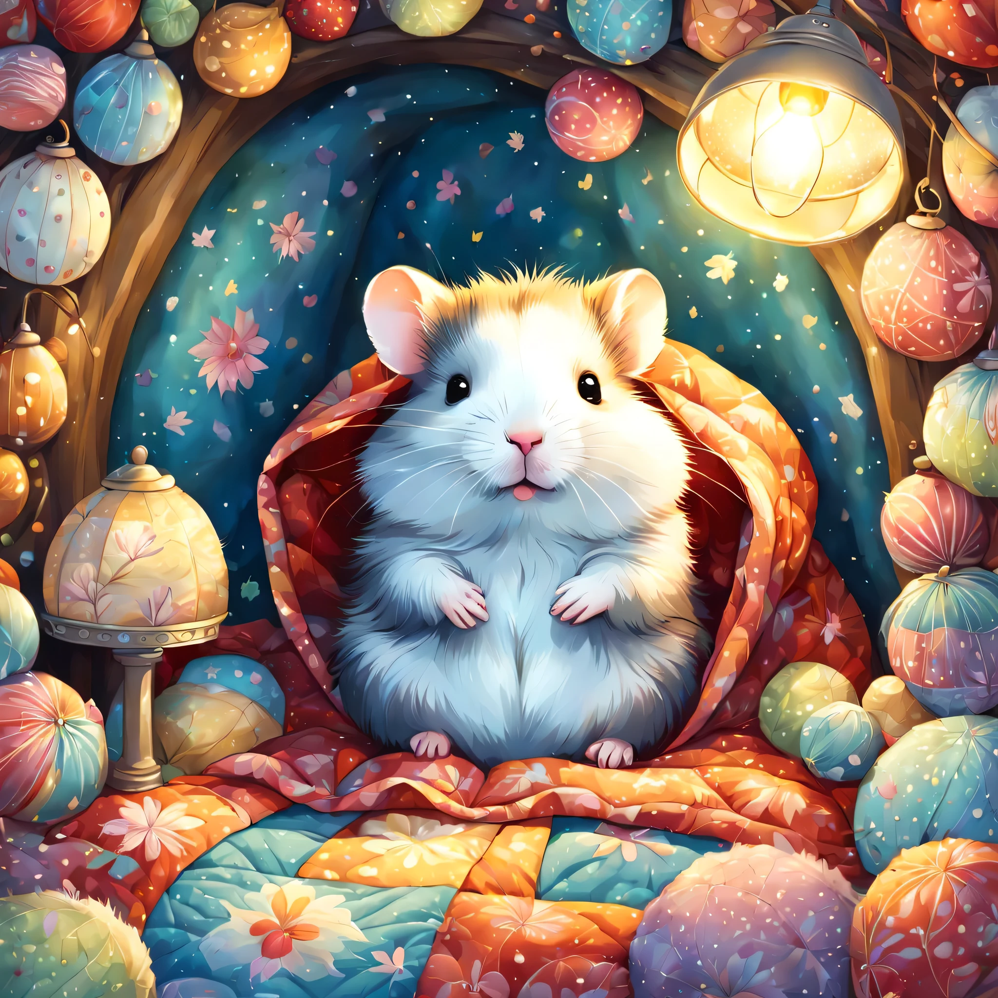 cuteAn illustration,underground:hamsterの巣穴:In the hole,hamsterの親子:animal:hibernating:cute:nestle:sleep:comfortable and warm:looks happy,An illustration,pop,colorfulに,color,dim,lamp light,hamsterの親子が眠っています:dream a happy dream,The nest is warm and full of happiness,,colorful,fancy,fantasy,Patchwork:comforter,Detailed details,fluffy,randolph caldecott style,hamster,最高にcutehamster,fluffyhamster