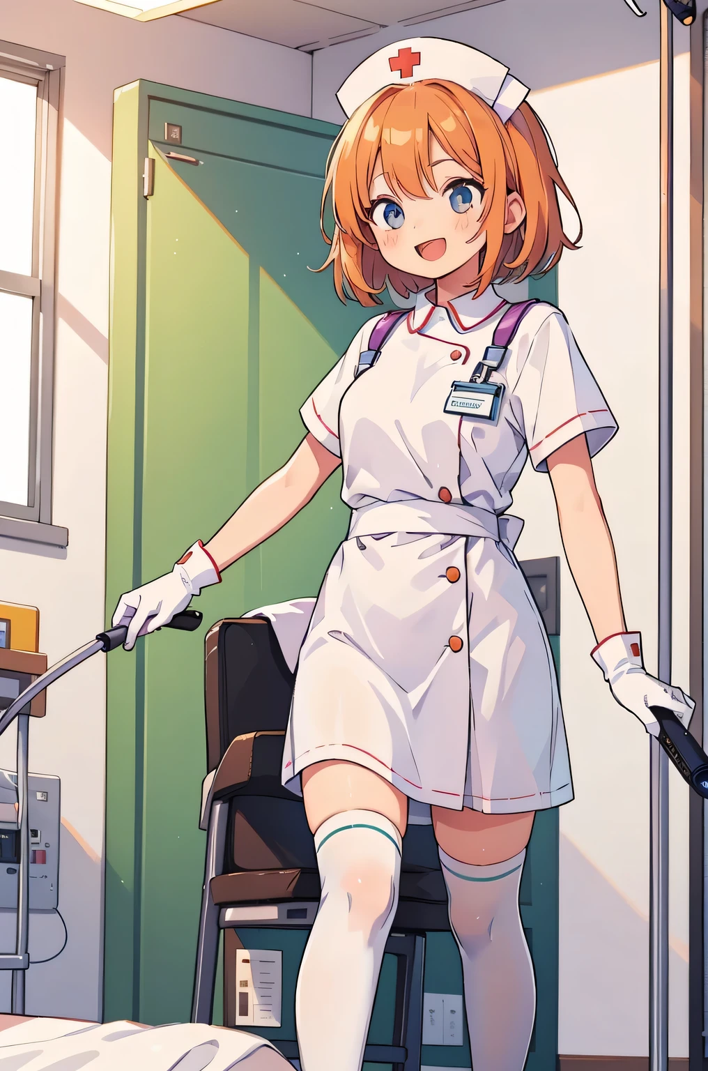 1 girl, alone, nurse, nurse cap, white nurse uniform, ((white legwear, zettai ryouiki)), white gloves, very short hair, orange hair, smile, open your mouth, Are standing, ((hospital room)), sharp outline, short sleeve, Tomboy, boyish, highest quality, masterpiece