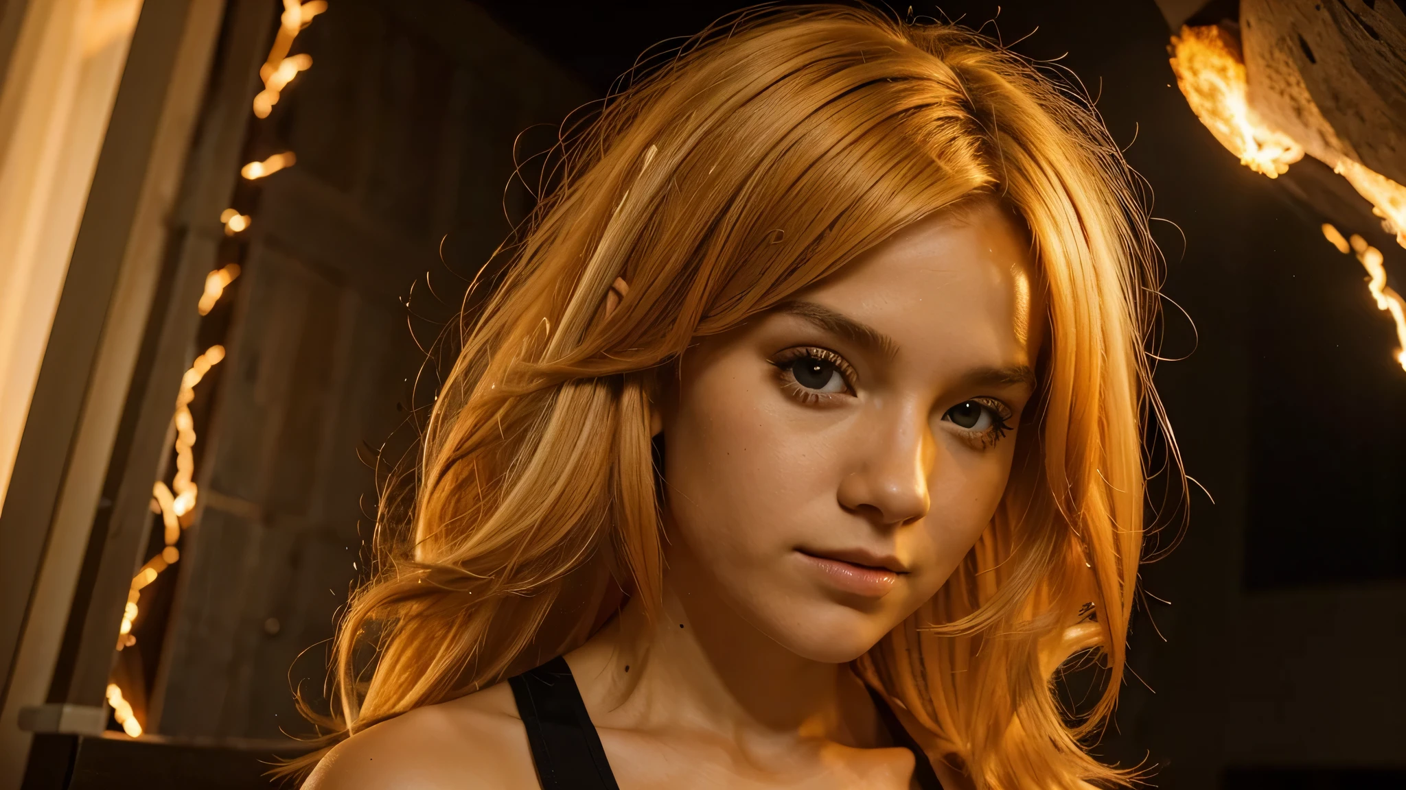 A closeup of a with BLONDE 10 YEAR OLD , and a white top, cabelo de fogo, cabelos flamejantes, cabelo feito de fogo, cabelo como fogo, her hair is made out of fire, her hair is on fire, cabelo laranja brilhante, projeto da chifres exuberantes, cabelo louco, cabelos eletrificados, cabelo de cenoura, longos cabelos loiros flamejantes, cabelo funky, orange hair