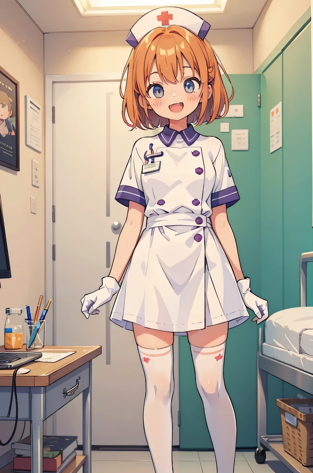 1 girl, alone, nurse, nurse cap, white nurse uniform, ((white legwear, zettai ryouiki)), white gloves, very short hair, orange hair, smile, open your mouth, Are standing, ((hospital room)), sharp outline, short sleeve, Tomboy, boyish, highest quality, masterpiece