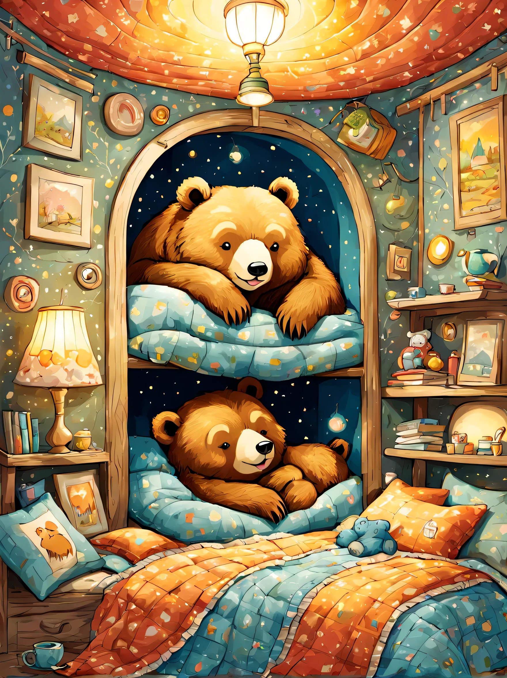 cuteAn illustration,underground:endures:In the hole,bear family:animal:hibernating:cute:nestle:sleep:comfortable and warm:looks happy,An illustration,pop,colorfulに,draw with thick lines,color,dim,lamp light,hibernatingのbear familyが眠っています:dream a happy dream,The nest is warm and full of happiness,,colorful,fancy,fantasy,Patchwork:comforter,Detailed details,fluffy,randolph caldecott style
