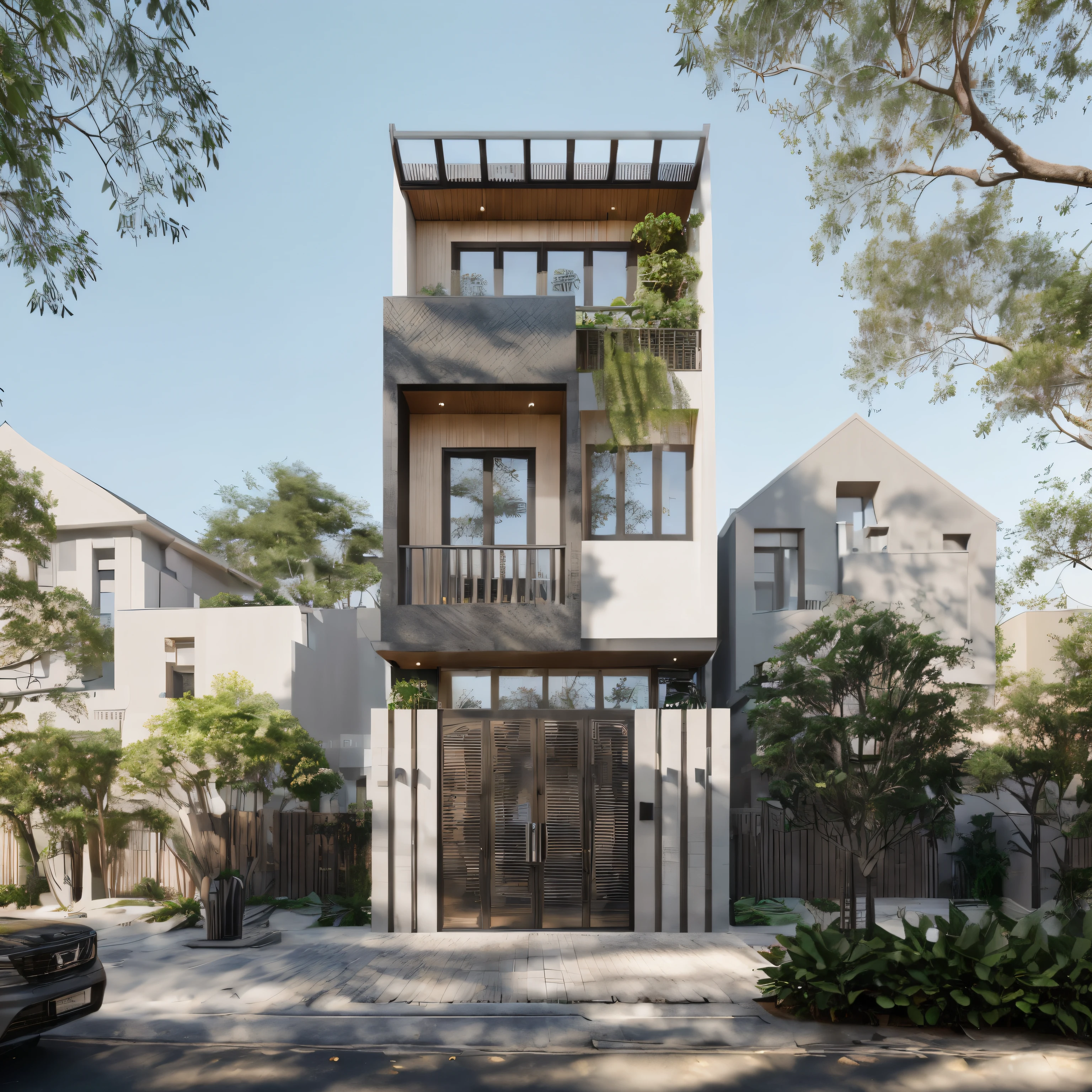 Townhouse in city, (sharp focus) front view of townhouse in style of modern, Vietnamese architecture, east asian architecture, town, blue sky, daylight, warm light, warm atmosphere, high Resolution, 8k, hdr, vray render, hyper realistic, ultra detail, hyper detailed, exterior design  professional photography, exterior photography, wide-angle shot, real world location, road sign, cityscape, pavement, (brown wooden ceilings, ceiling light, glass bancony, the front wall of the ground floor is made by black granite), (bancony have many trees, plans, ivy, palm)