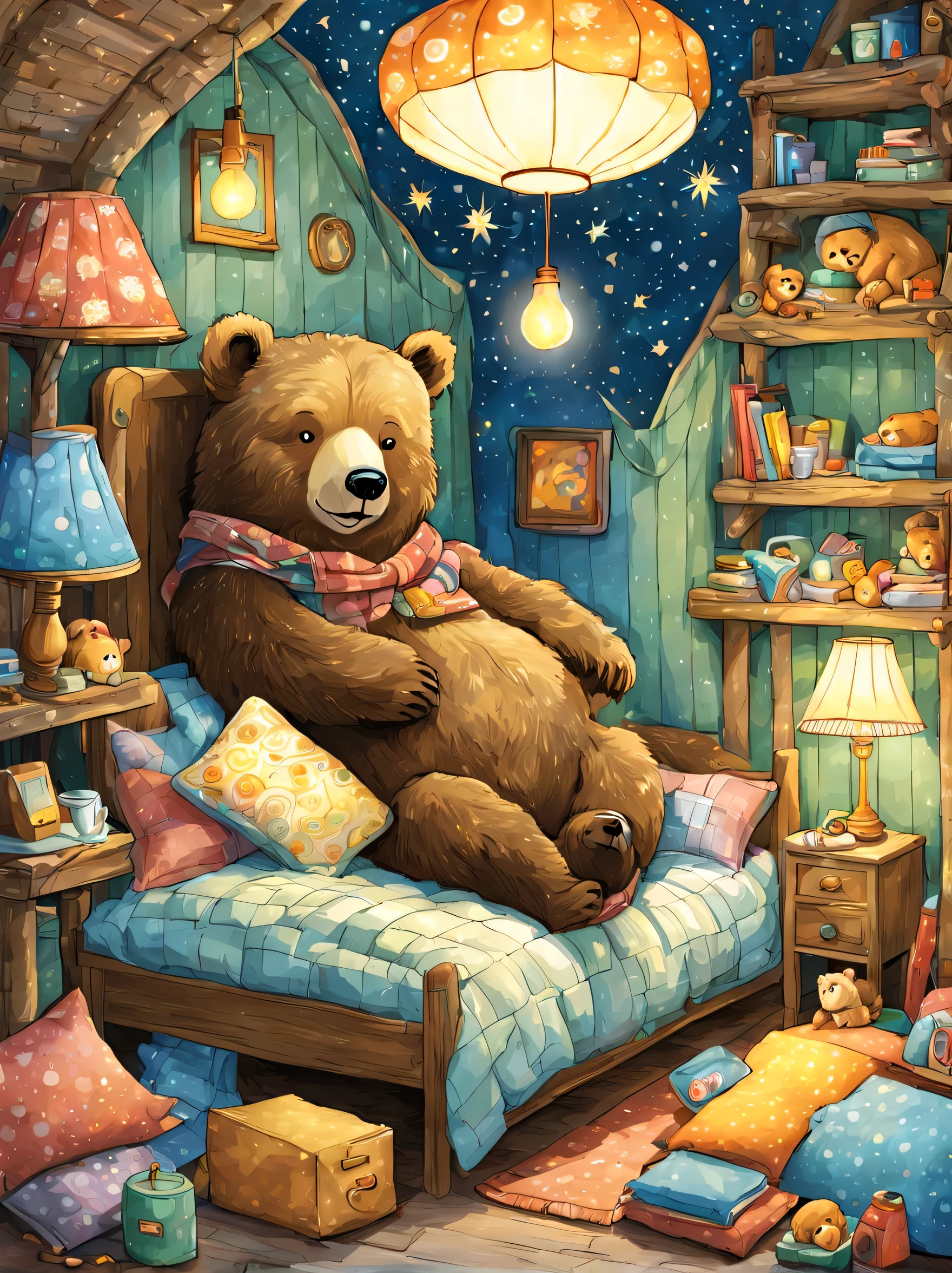 cuteAn illustration,underground:endures:In the hole,bear family:animal:hibernating:cute:nestle:sleep:comfortable and warm:looks happy,An illustration,pop,colorfulに,draw with thick lines,color,dim,lamp light,hibernatingのbear familyが眠っています:dream a happy dream,The nest is warm and full of happiness,,colorful,fancy,fantasy,Patchwork:comforter,Detailed details,fluffy,randolph caldecott style