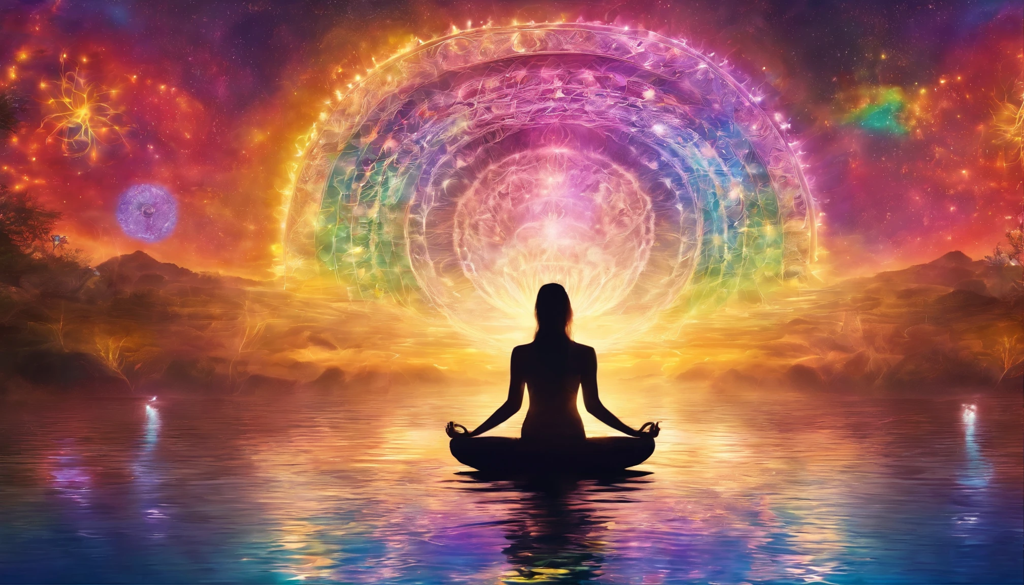 Colorful glow, Yoga position light spectrum with the seven chakras around, vibrante colorsa colorslashh An explosion of colors, Beautiful woman in white sitting on water lilies, complex stuff around, intricate in the background, Spiritual, divine, dreamlike, cosmic, mind blowing, god, pineal gland, dream like, (extremely detailed CG unity 16k wallpaper:1.1), (Denoising strength: 1.45), (tmasterpiece:1.37), hyper realistic, god rays, ray tracing, UHD, award winning