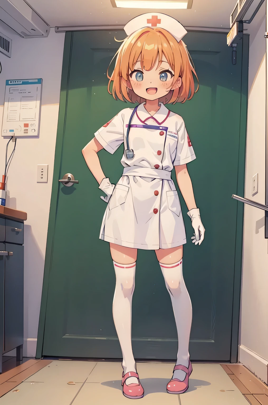 1 girl, alone, nurse, nurse cap, white nurse uniform, ((white legwear, zettai ryouiki)), white gloves, very short hair, orange hair, smile, open your mouth, Are standing, ((hospital room)), sharp outline, short sleeve, Tomboy, boyish, highest quality, masterpiece