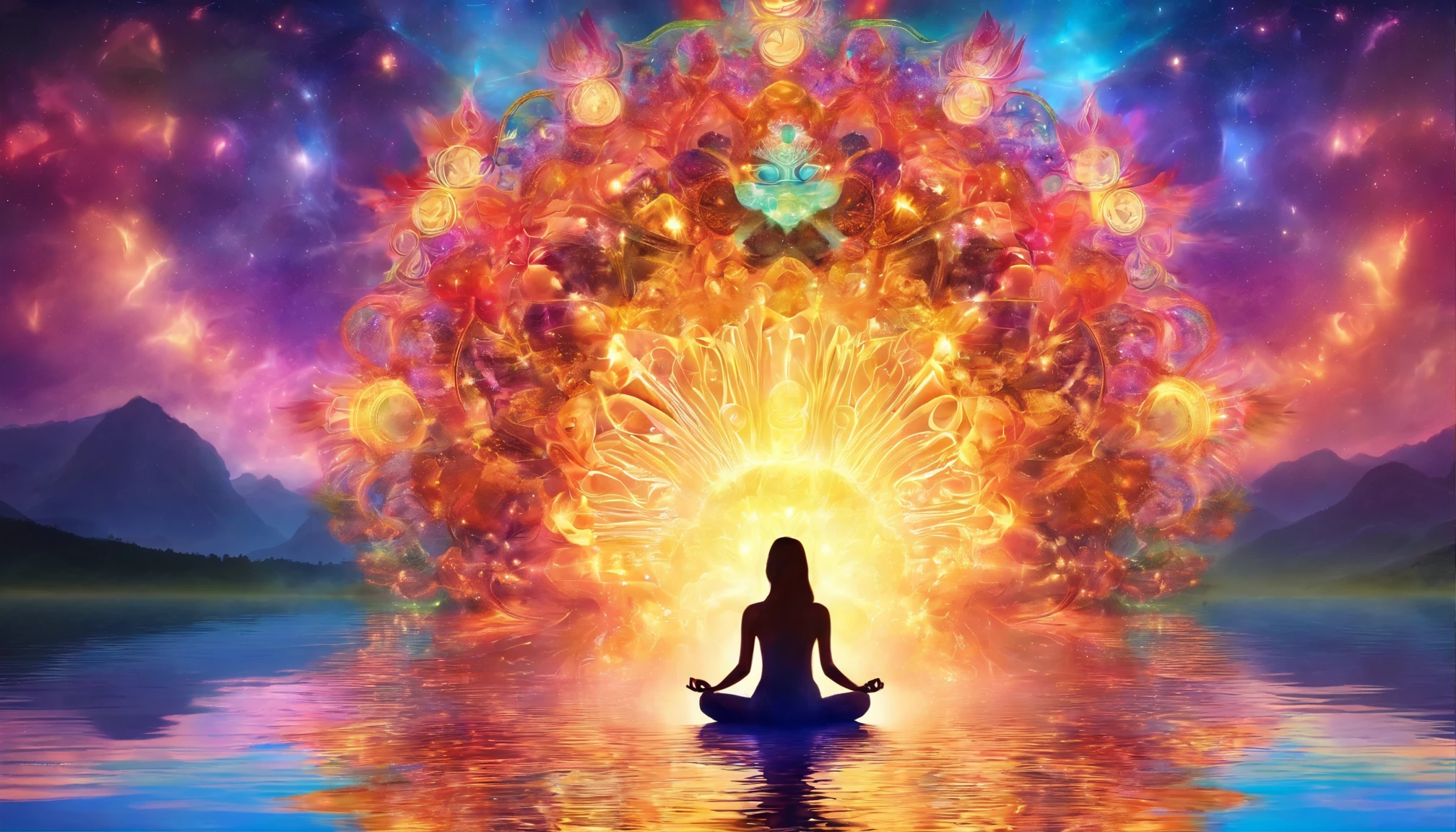 Colorful glow, Yoga position light spectrum with the seven chakras around, vibrante colorsa colorslashh An explosion of colors, Beautiful woman in white sitting on water lilies, complex stuff around, intricate in the background, Spiritual, divine, dreamlike, cosmic, mind blowing, god, pineal gland, dream like, (extremely detailed CG unity 16k wallpaper:1.1), (Denoising strength: 1.45), (tmasterpiece:1.37), hyper realistic, god rays, ray tracing, UHD, award winning