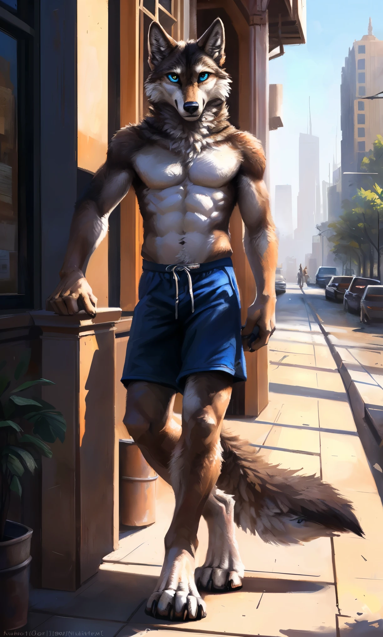 ((Solo)), male people, anthro wolf, (Multi-colored fur, White-brown:1.3，White tail pointed), (Height 2.1m,Tail length 1.2m), ((Wolf face, Big eyes, White eyelids, Blue pupil, Slim:1.2) (Tough, Calm expression:1.2)), Abs, Slim, pinging)), (Correct anatomy), (Work shorts:1.1), The upper body  naked, (detailed outfits),A long big tail，Feet，(Realistic fur, Detailed fur texture, labeled:1.3)), (Natural lighting), Photorealistic, Hyperrealistic, ultradetailed, by Kenket，Modern city，erect through，Running on