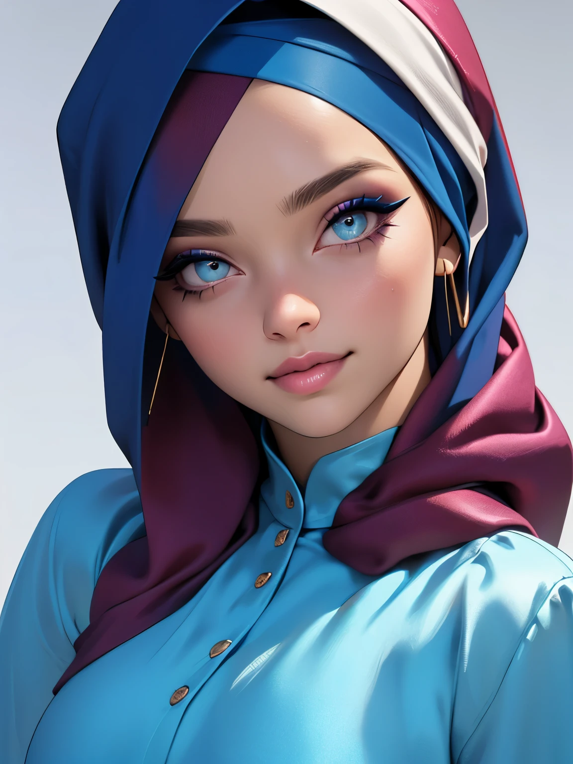 3dmm style, (Masterpiece), realistic, best quality, best lighting, extremely detailed artgerm style, art by artgerm style, beautiful mature woman, 1 girl photo solo, beautifully makeup, eyeshadow, Parted Lips, Detailed Eyes, ((beautiful big eyes)), long eye lashes, dimples on the cheeks, smile, wearing silk turban hijab, ((Dark blue satin hijab)), loosely tide hijab style, shining silk, satin, blue satin, ((Blue satin shirt and satin long skirt)), (Close-up portrait), Front view, Standing Symmetric Centre, facing the viewer, gray background.