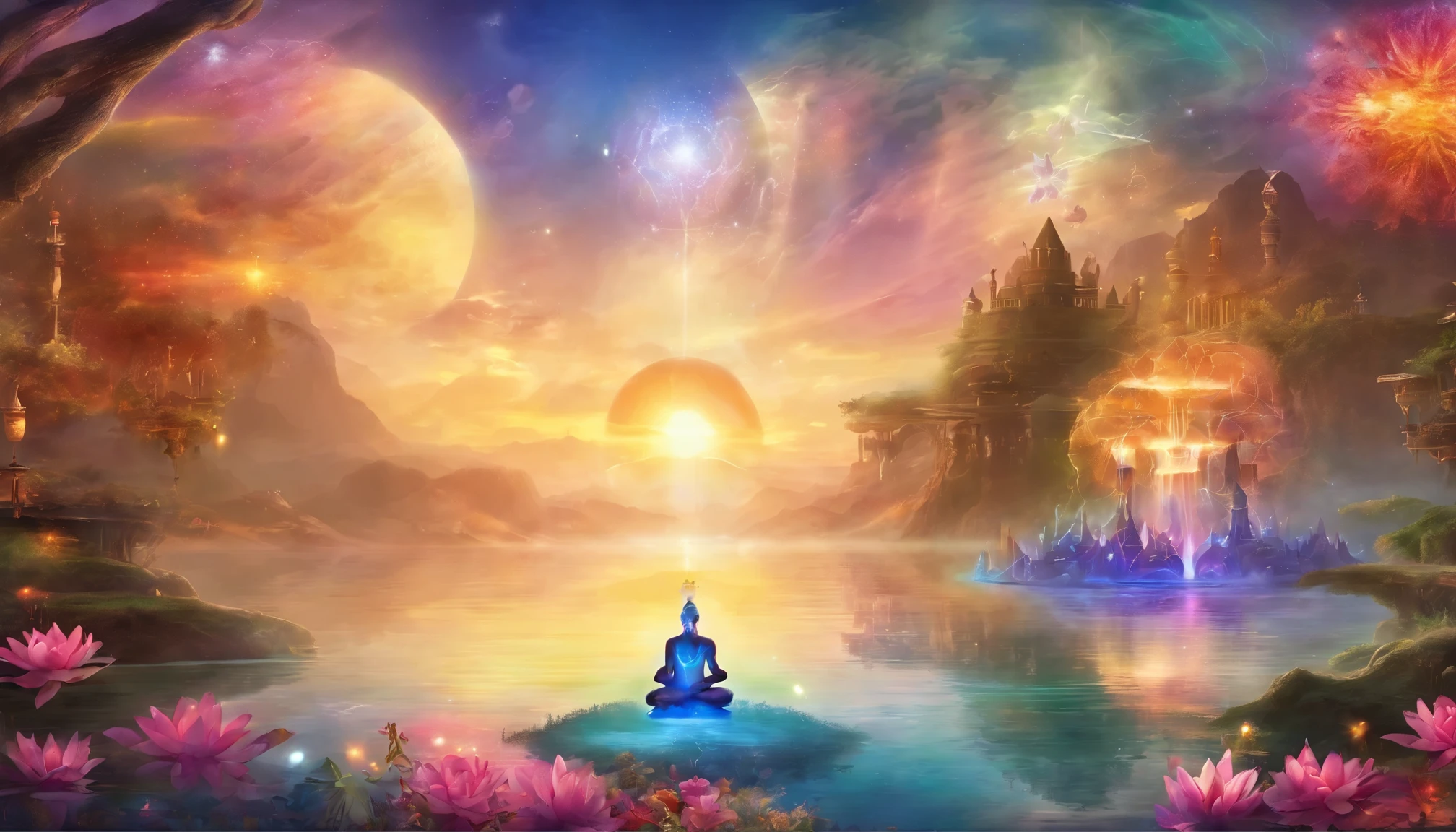 Yoga position light spectrum with the seven chakras around, vibrante colorsa colorslashh An explosion of colors, Beautiful woman in white sitting on water lilies, complex stuff around, intricate in the background, Spiritual, divine, dreamlike, cosmic, mind blowing, god, pineal gland, dream like, (extremely detailed CG unity 16k wallpaper:1.1), (Denoising strength: 1.45), (tmasterpiece:1.37), hyper realistic, god rays, ray tracing, UHD, award winning