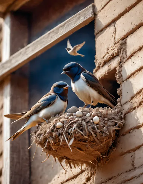 solargram photography style, （two little swallows fly and build a nest），the little swallow is busy picking up mud，the little mou...