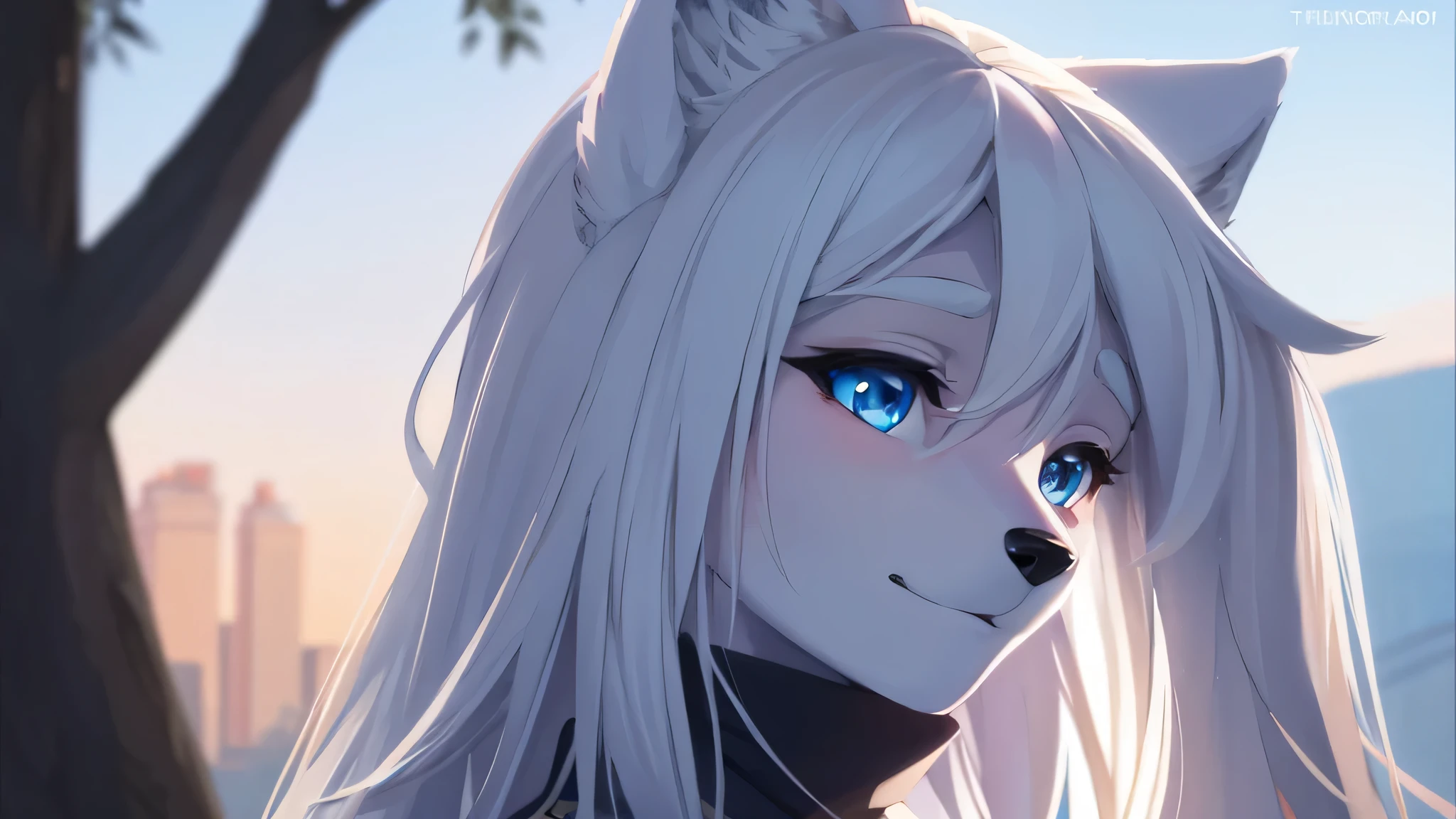 white hair, girl,Wolf dog, Profile picture, blue eyes