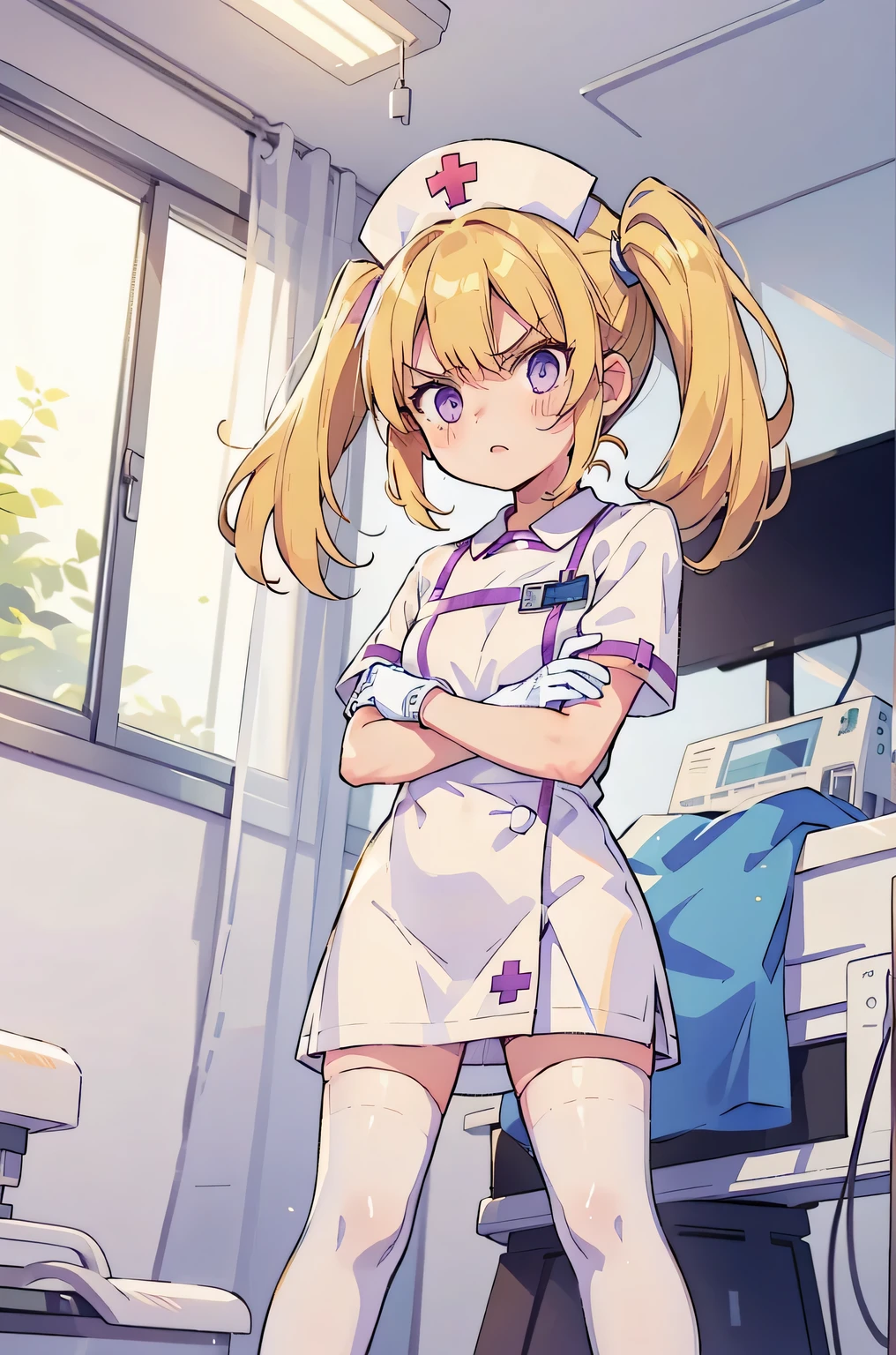 1 girl, alone, nurse, nurse cap, Whiteware, ((white legwear, zettai ryouiki)), white gloves, twin tails, yellow hair, purple eyes, anger, crossed arms, Are standing, ((hospital room)), sharp outline, short sleeve, highest quality, masterpiece