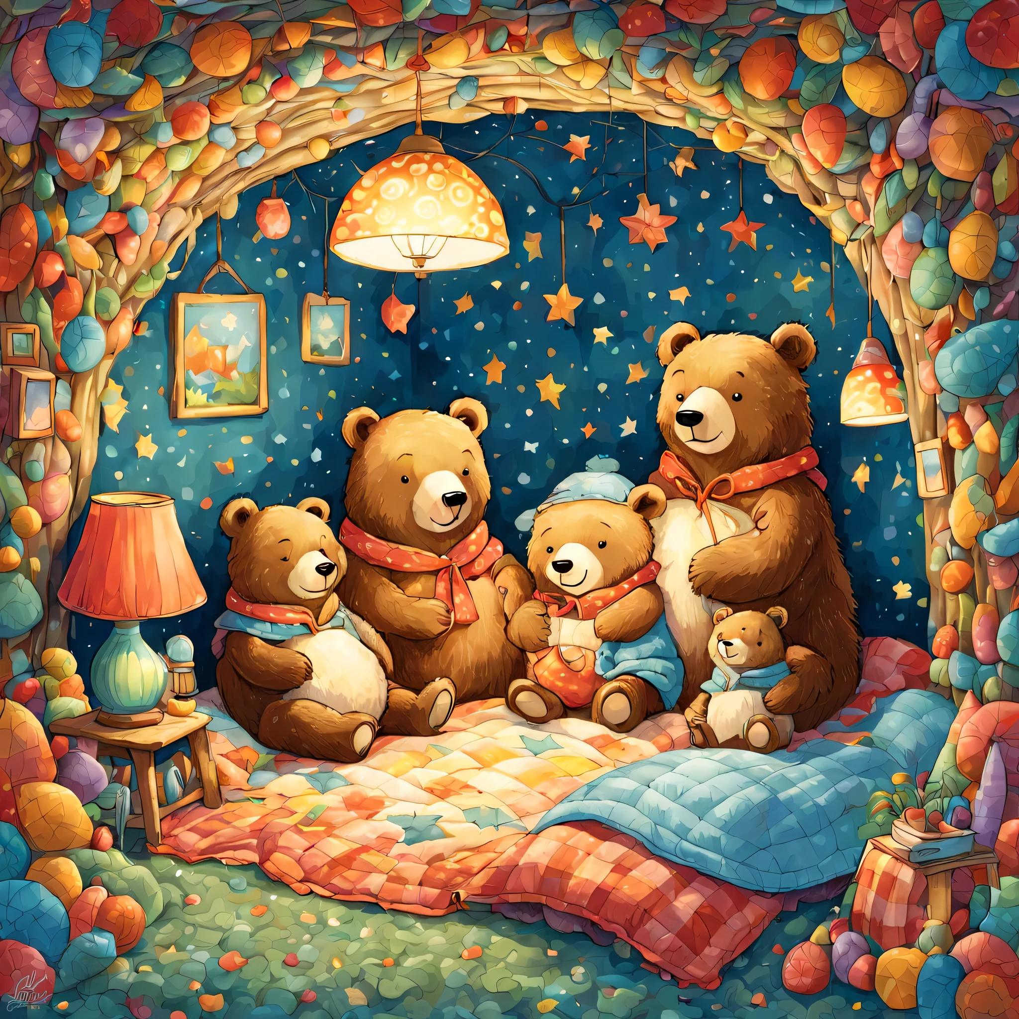 cuteAn illustration,underground:endures:In the hole,bear family:animal:hibernating:cute:nestle:sleep:comfortable and warm:looks happy,An illustration,pop,colorfulに,draw with thick lines,color,dim,lamp light,hibernatingのbear familyが眠っています:dream a happy dream,The nest is warm and full of happiness,,colorful,fancy,fantasy,Patchwork:comforter,Detailed details,fluffy,randolph caldecott style