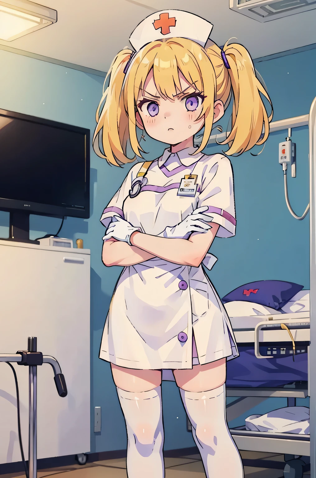 1 girl, alone, nurse, nurse cap, Whiteware, ((white legwear, zettai ryouiki)), white gloves, twin tails, yellow hair, purple eyes, anger, crossed arms, Are standing, ((hospital room)), sharp outline, short sleeve, highest quality, masterpiece