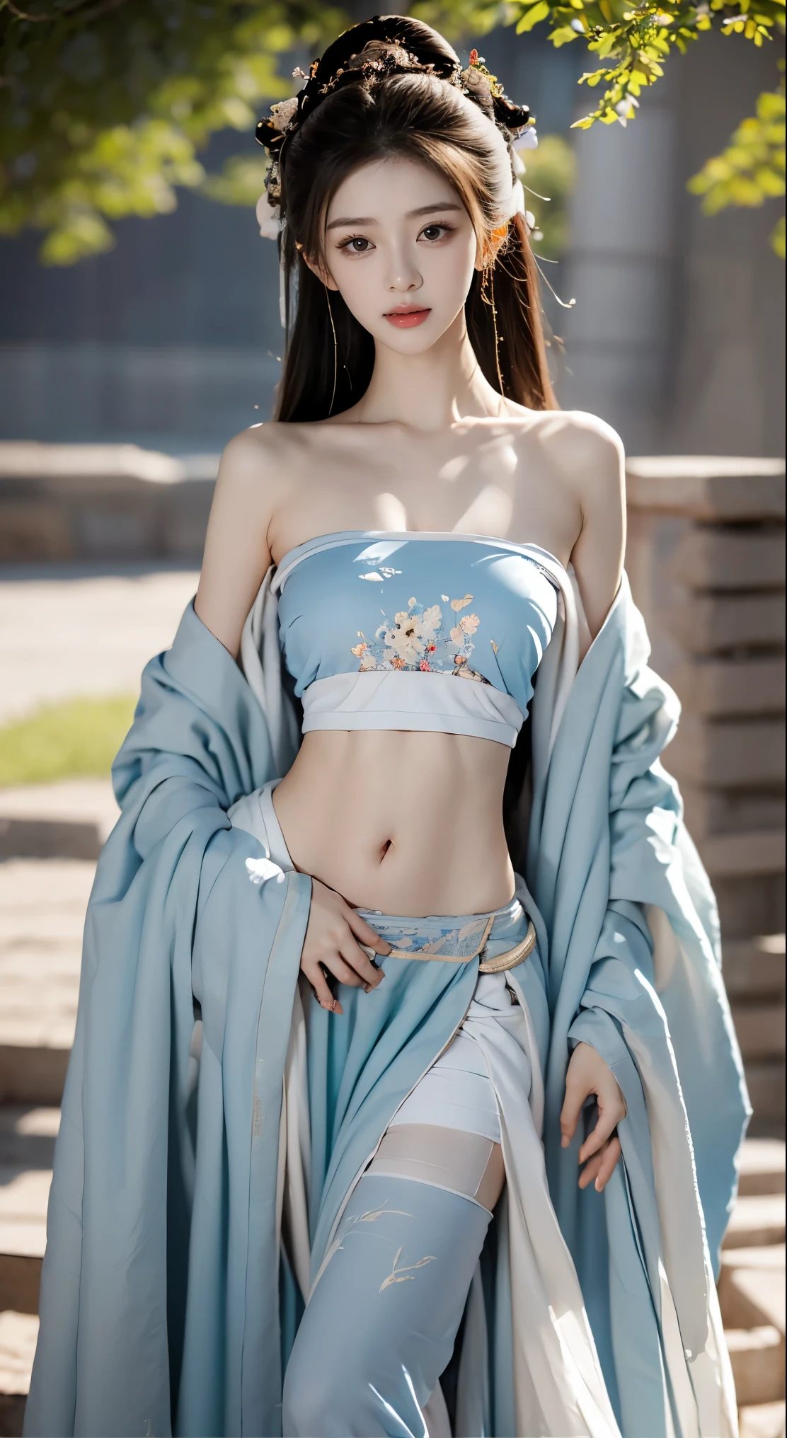 best picture quality,Very detailed,extremely high resolution,perfect body proportions,Works by top photographers。Beautiful Hanfu girl,long eyelashes,big eyes,shining eyes,lying silkworm,plump lips,small nose,a happy expression,Sweet,Exquisite makeup,full-body shot,snow White, Jade legs are thin and straight,snow white skin,White embroidered skirt,necklace,Expose long legs,lace,Sweet,long hair fluttering,best quality,masterpiece,full-body shot,facial focus,The bust is very prominent,thin waist,snow white belly,belly button,imagine,Seven part shoot model: hanfu, CFG scale: 7, Lola: future fashion(0.4)、rainbow(0.4)、martial arts(0.2)、Asian face woman-2(0.4)、poetic fairy tale(0.01)