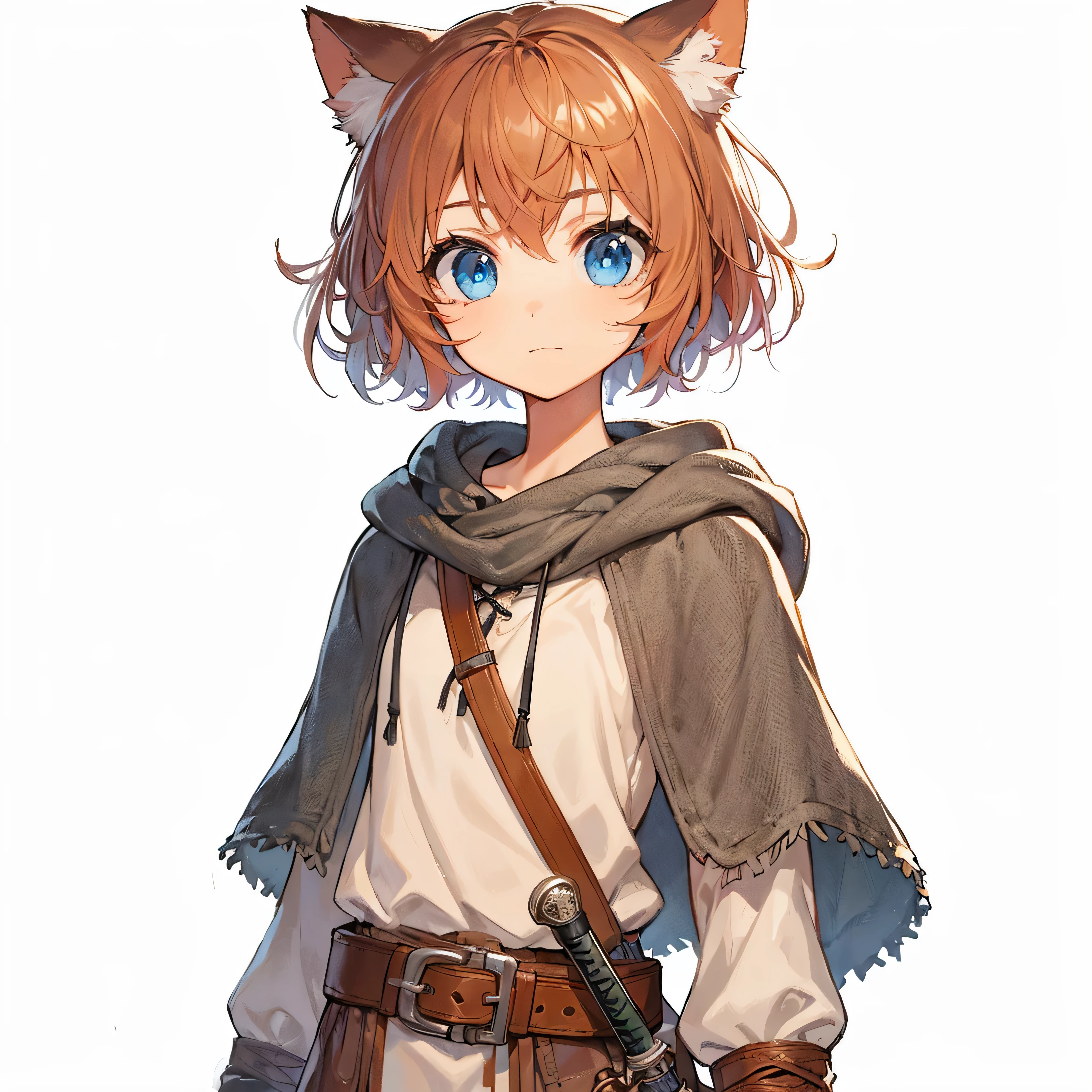 1 girl, 15 years old, cat race, thief, (righteous thief:1.1), gentle personality, short hair, (orange hair:1.2), messy hair (1.3), asymmetrical hair (1.3), thief attire, clothes light and easy to move, (short dagger:1.1), average body type, baby face, cute eyes, blue eyes,
BREAK
Flat, high-quality illustration style,
BREAK
No background