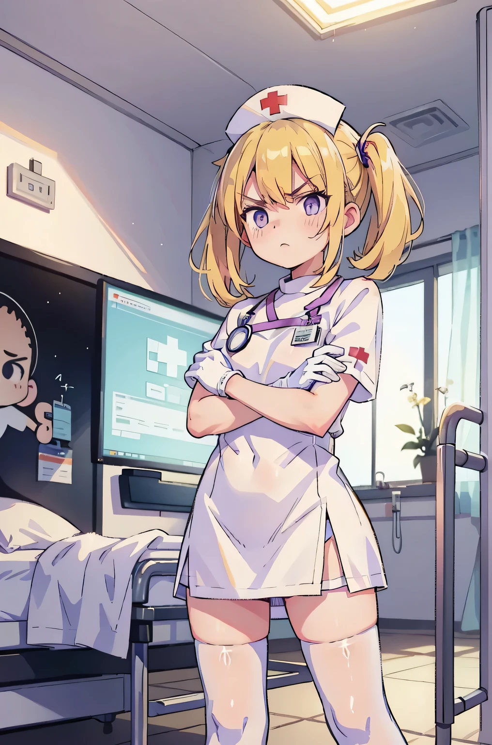 1 girl, alone, nurse, nurse cap, Whiteware, ((white legwear, zettai ryouiki)), white gloves, twin tails, yellow hair, purple eyes, anger, crossed arms, Are standing, ((hospital room)), sharp outline, short sleeve, highest quality, masterpiece