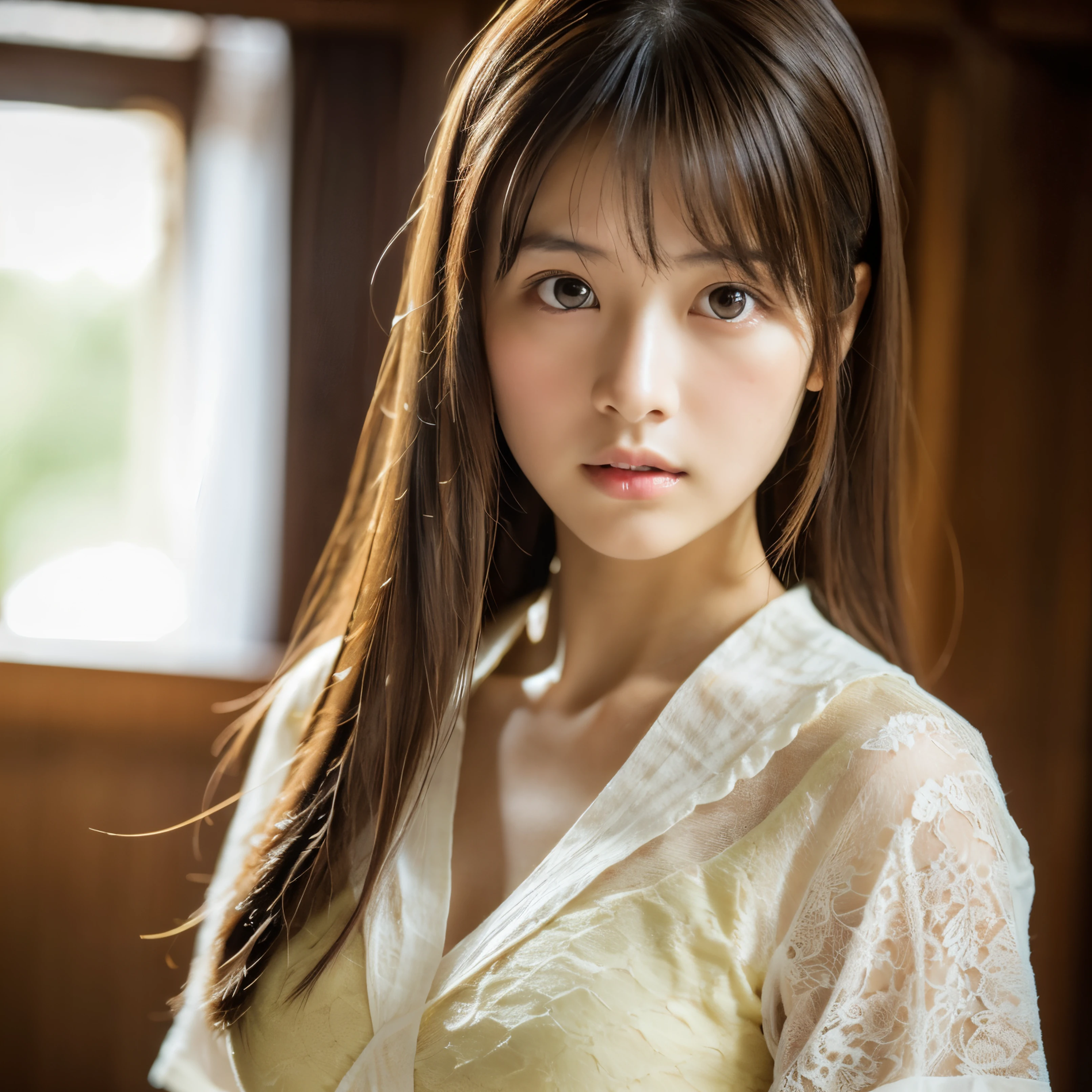 highest quality, face focus, soft light, ultra high resolution, (realistic:1.4), RAW photo,
1 Japanese girl, alone, cute, (pupil, There's a light in my eyes), detailed beautiful face, (),(High resolution details of human skin texture),
(long hair),
indoor,
Damask Shirt Dress,
(portrait)
whole body, transparent clothes,