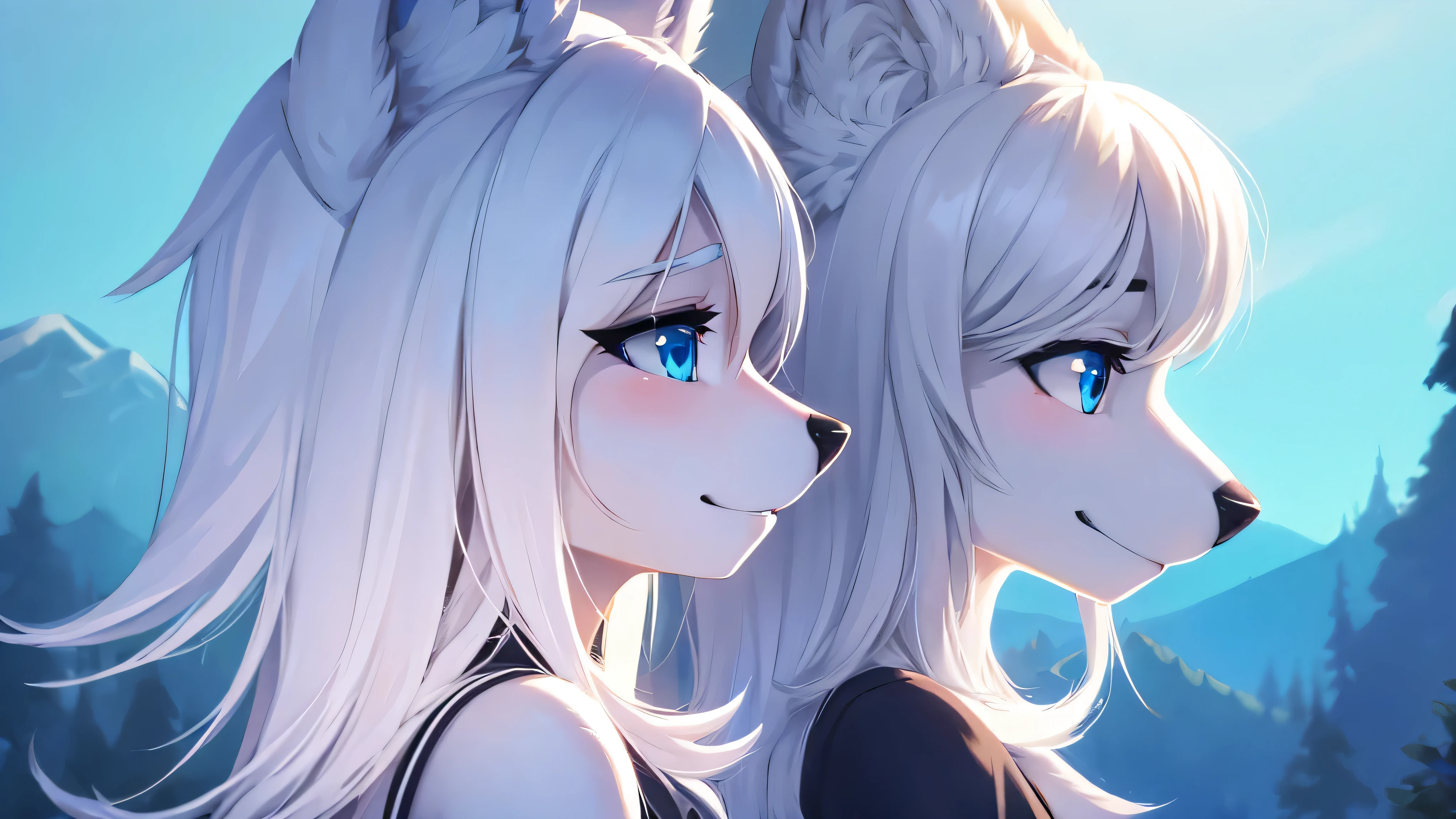 white hair, girl,Wolf dog, Profile picture, blue eyes