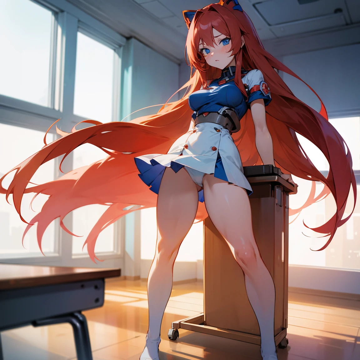 1 anime girl redhead long hair with medium breasts thick thighs blue eyes miniskirt minitop tight white panties exposed full body legs spread sexually suggestive pose standing in a classroom looking tender