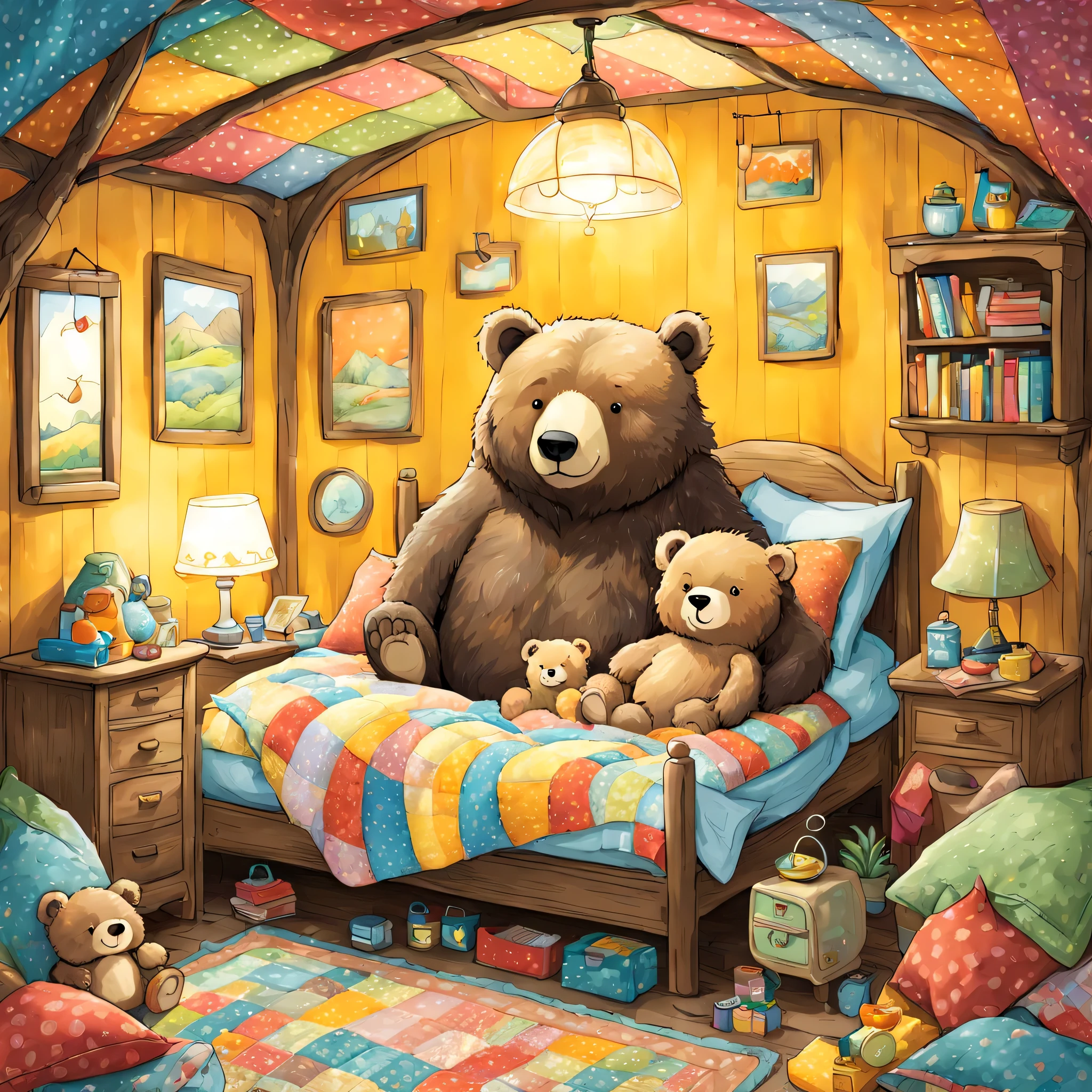 cuteAn illustration,underground:endures:In the hole,bear family:animal:hibernating:cute:nestle:sleep:comfortable and warm:looks happy,An illustration,pop,colorfulに,draw with thick lines,color,dim,lamp light,hibernatingのbear familyが眠っています:dream a happy dream,The nest is warm and full of happiness,,colorful,fancy,fantasy,Patchwork:comforter,Detailed details,fluffy,randolph caldecott style