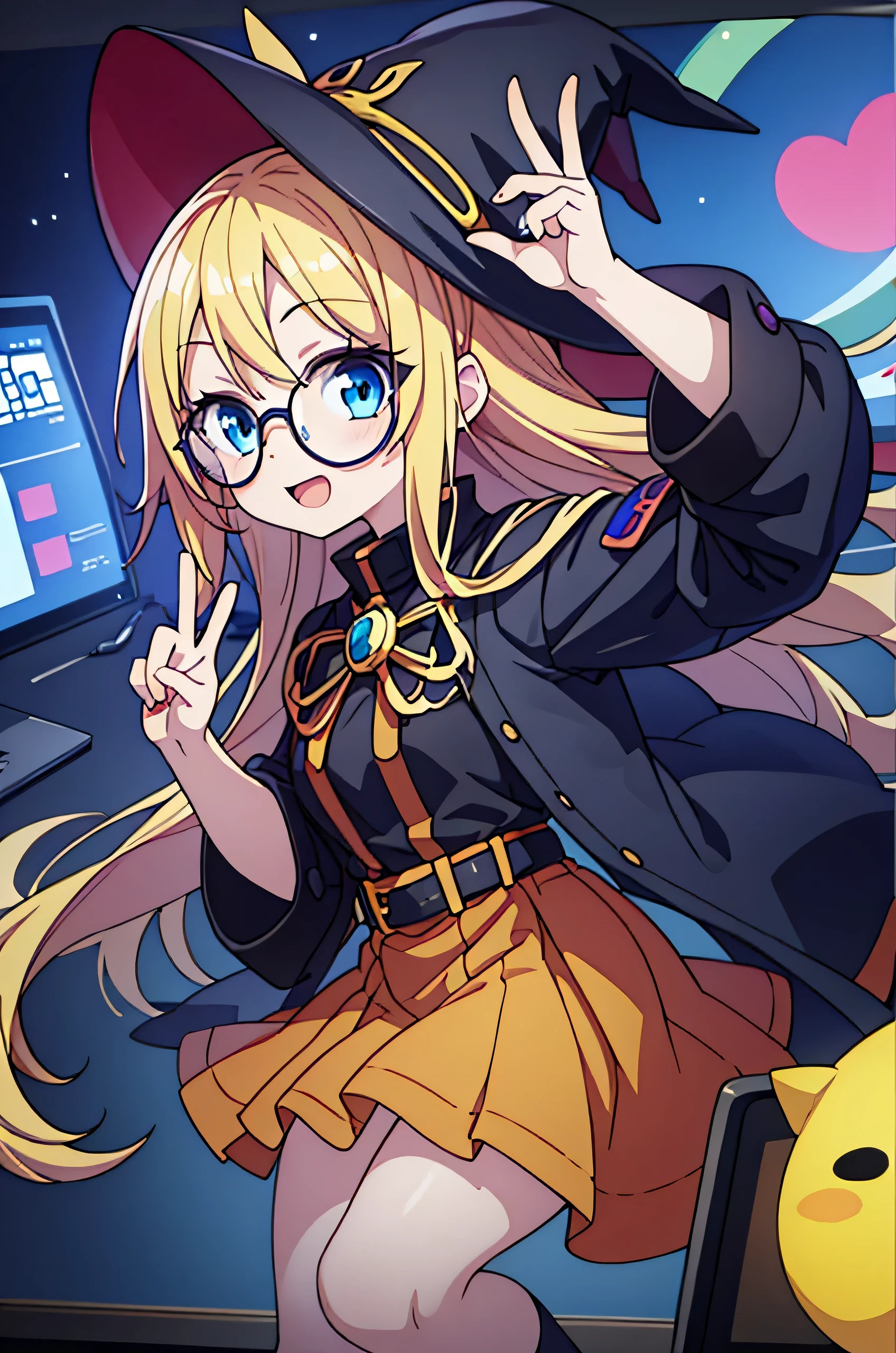 Young anime girl, long blonde hair, blue eyes, nerd, round glasses, witch outfit, Very happy, One hand on top of head making gesture, Peace, V, hand with 5 fingers posters, computer, gaming PC, video game controller, Mech Robot Toy