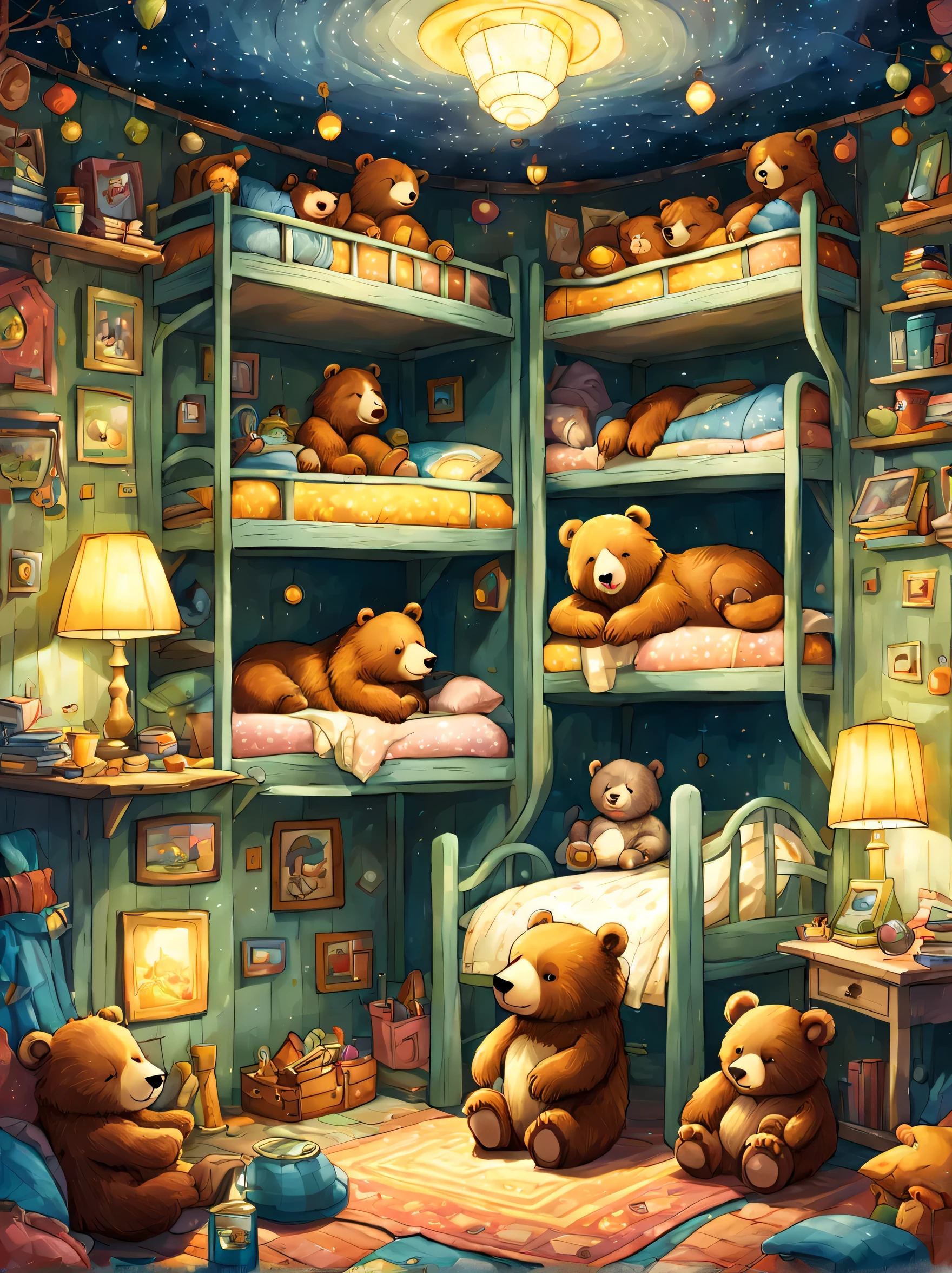 cuteAn illustration,underground:endures:In the hole,bear family:animal:hibernating:cute:nestle:sleep:comfortable and warm:looks happy,An illustration,pop,colorfulに,draw with thick lines,color,dim,lamp light,hibernatingのbear familyが眠っています:dream a happy dream,The nest is warm and full of happiness,,colorful,fancy,fantasy,Patchwork:comforter,Detailed details,fluffy,randolph caldecott style