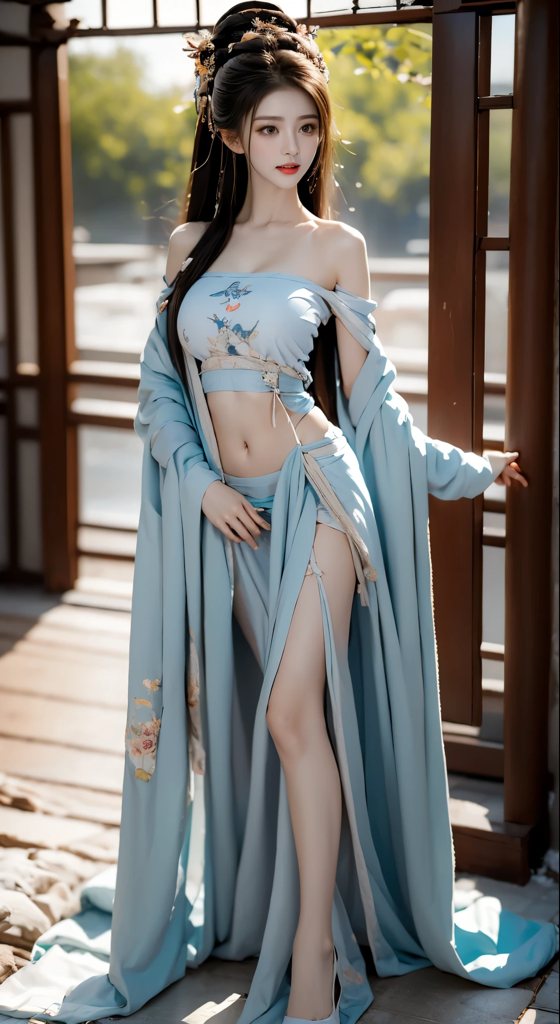 best picture quality，Very detailed，extremely high resolution，perfect body proportions，Works by top photographers。Beautiful Hanfu girl，long eyelashes，big eyes，shining eyes，lying silkworm，plump lips，small nose，a happy expression，Sweet，Exquisite makeup，full-body shot，snow White, Jade legs are thin and straight，snow white skin，White embroidered skirt，necklace，Expose long legs，lace，Sweet，long hair fluttering，best quality，masterpiece，full-body shot，facial focus，The bust is very prominent，thin waist，snow white belly，belly button，imagine，Seven part shoot model: hanfu, CFG scale: 7, Lola: future fashion(0.4)、rainbow(0.4)、martial arts(0.2)、Asian face woman-2(0.4)、poetic fairy tale(0.01)