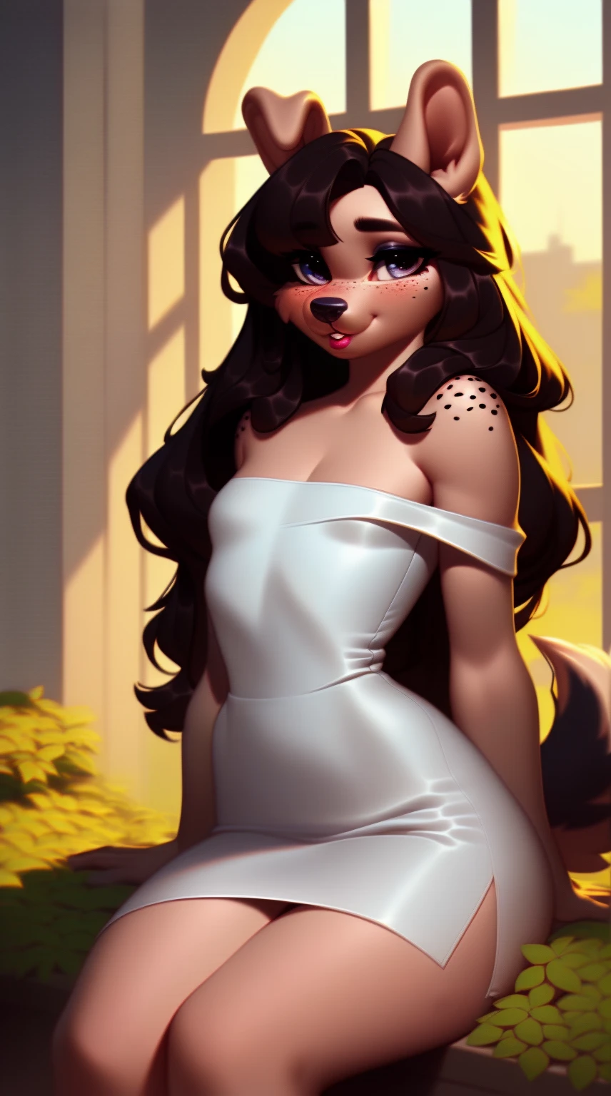 (score_9), (source_ derpibooru_p_95), (canine), ((anthro domestic dog :1.1)), (shoulderless short sun dress), shy, blushing, solo, realistic long hair, bangs, anatomically correct, flat chest, curvy figure, high res, pink bottom lip, extremely detailed, ten, puppy, absolutely stunning, freckles,