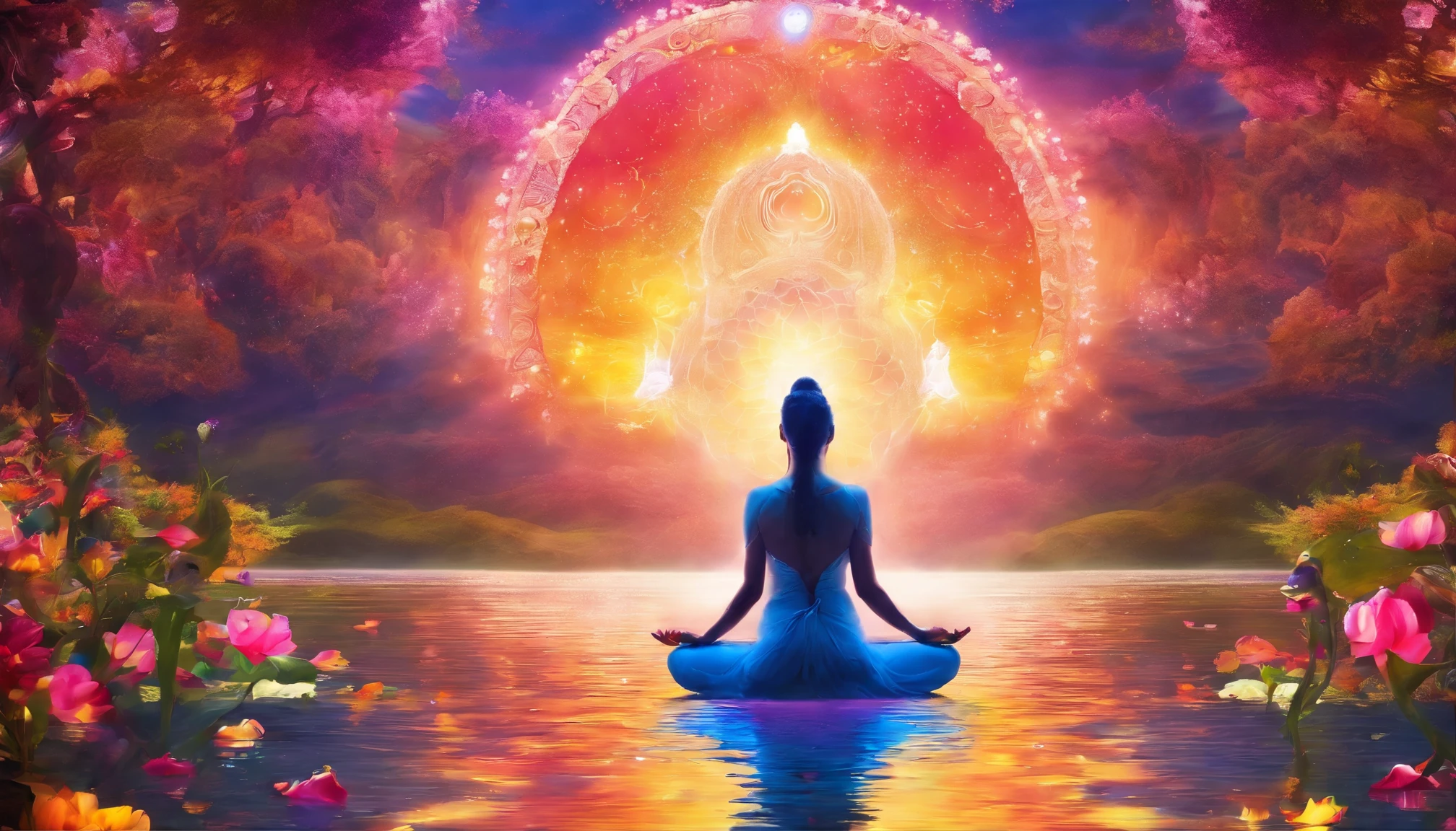 Colorful glow, Yoga position light spectrum with the seven chakras around, vibrante colorsa colorslashh An explosion of colors, Beautiful woman in white sitting on water lilies, complex stuff around, intricate in the background, Spiritual, divine, dreamlike, cosmic, mind blowing, god, pineal gland, dream like, (extremely detailed CG unity 16k wallpaper:1.1), (Denoising strength: 1.45), (tmasterpiece:1.37), hyper realistic, god rays, ray tracing, UHD, award winning
