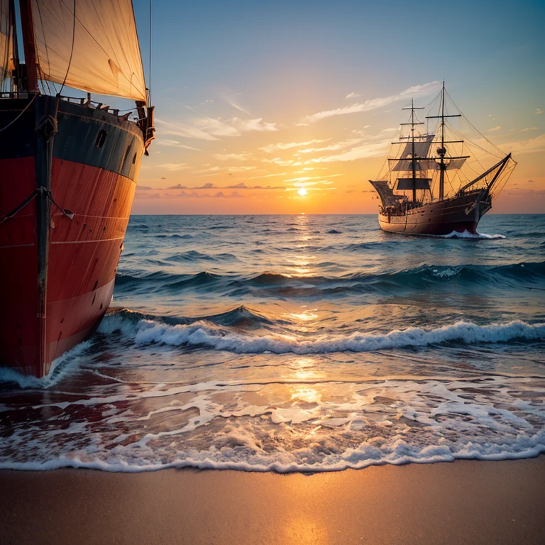 A narrow view of the sea in the evening with a large sunset and a junk ship.