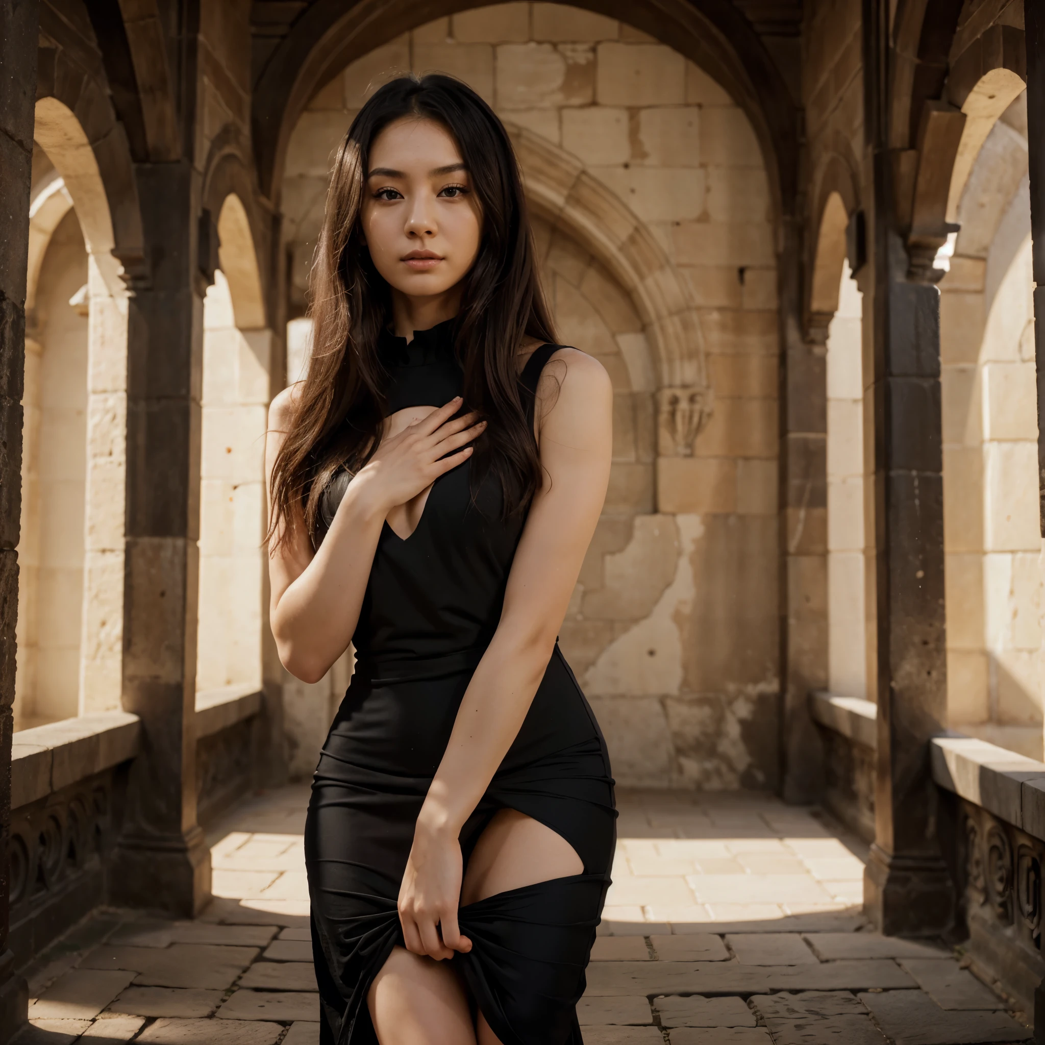 (highly detailed stunningly gorgeous 25 year old Japanese woman in a (( black midi dress))), pale skin, brown eyes, looking at the camera , (in an ancient castle with dramatic architecture), long curly hair, (perfect eyes:1.2), (perfect face:1.2), perfect hands, (perfect fingers:1.2), (perfect legs:0.5), (toned physique:1.2), high quality RAW photograph, hyper detailed, hyper realistic, amazing and beautiful, Hasselblad 35mm lens, ISO 400, face in frame, character centered in frame