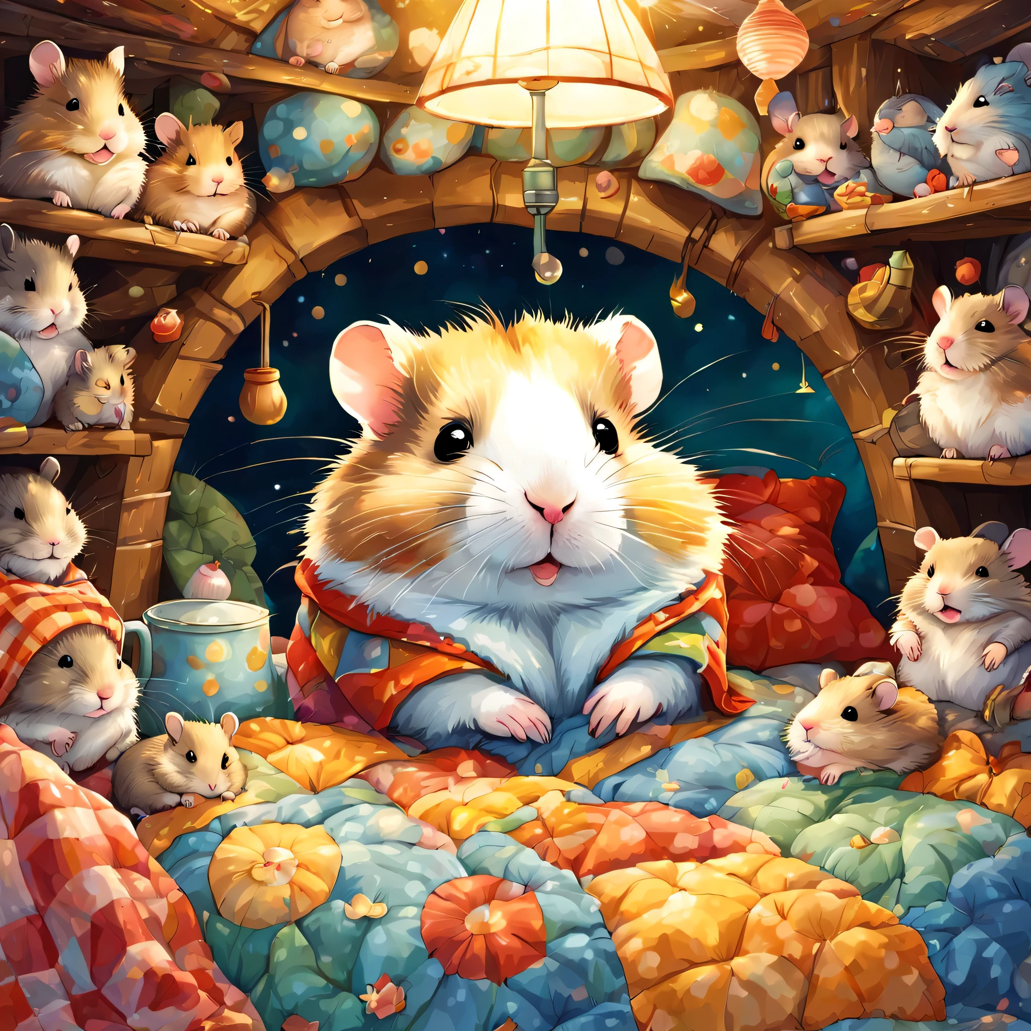 cuteAn illustration,underground:hamsterの巣穴:In the hole,hamsterの親子:animal:hibernating:cute:nestle:sleep:comfortable and warm:looks happy,An illustration,pop,colorfulに,color,dim,lamp light,hamsterの親子が眠っています:dream a happy dream,The nest is warm and full of happiness,,colorful,fancy,fantasy,Patchwork:comforter,Detailed details,fluffy,randolph caldecott style,hamster,最高にcutehamster,fluffyhamster