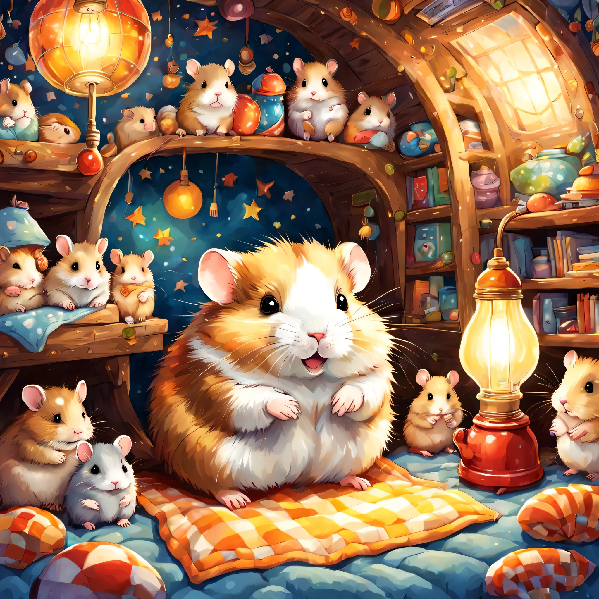 cuteAn illustration,hamsterの巣穴,hamsterの親子:animal:cute:nestle:sleep:comfortable and warm:looks happy,An illustration,pop,colorfulに,color,dim,lamp light,hamsterの親子が眠っています:dream a happy dream,The nest is warm and full of happiness,,colorful,fancy,fantasy,Patchwork:comforter,Detailed details,fluffy,randolph caldecott style,hamster,最高にcutehamster,fluffyhamster