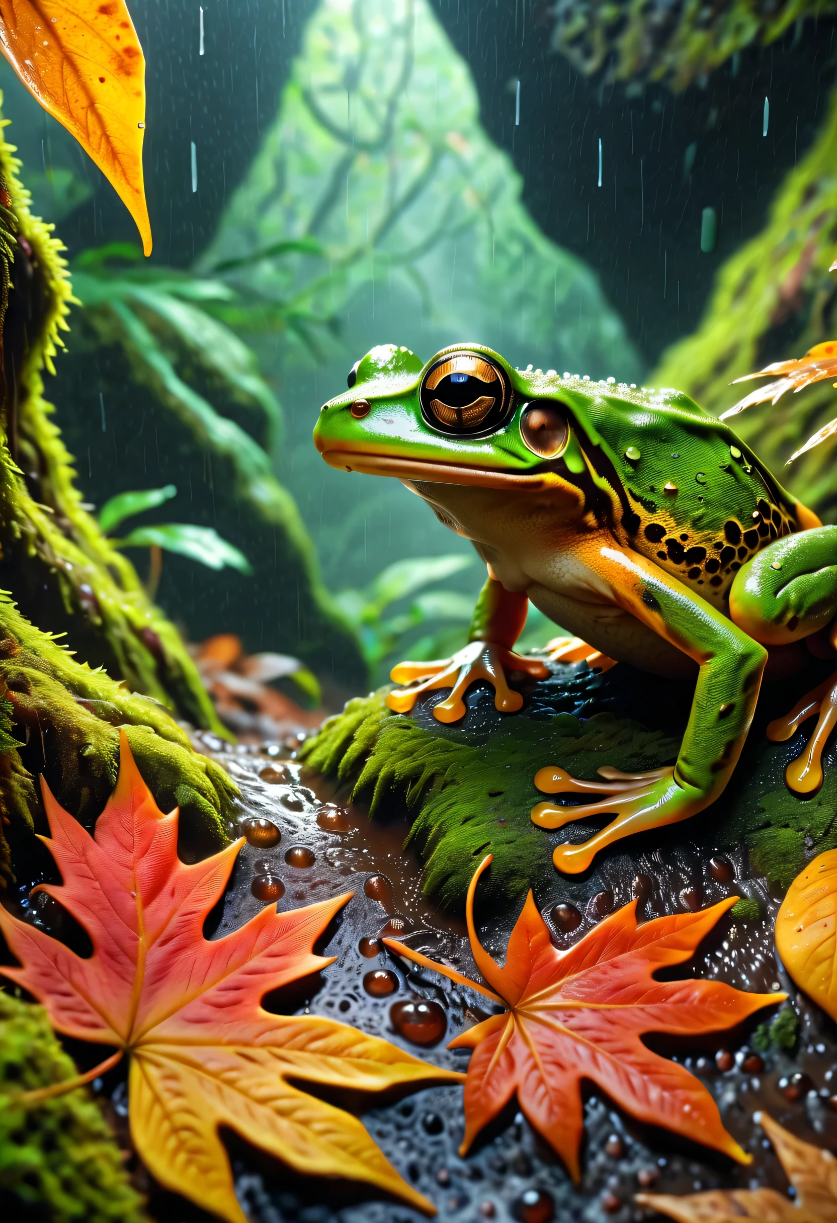 （best quality，4K，8k，high-rise，masterpiece：1.2），Super fine，lifelike，focus，human development report，ultra high definition，studio lighting，main，bright colors，complex cave，strong frog&#39;s burrow in autumn rainforest，rain，