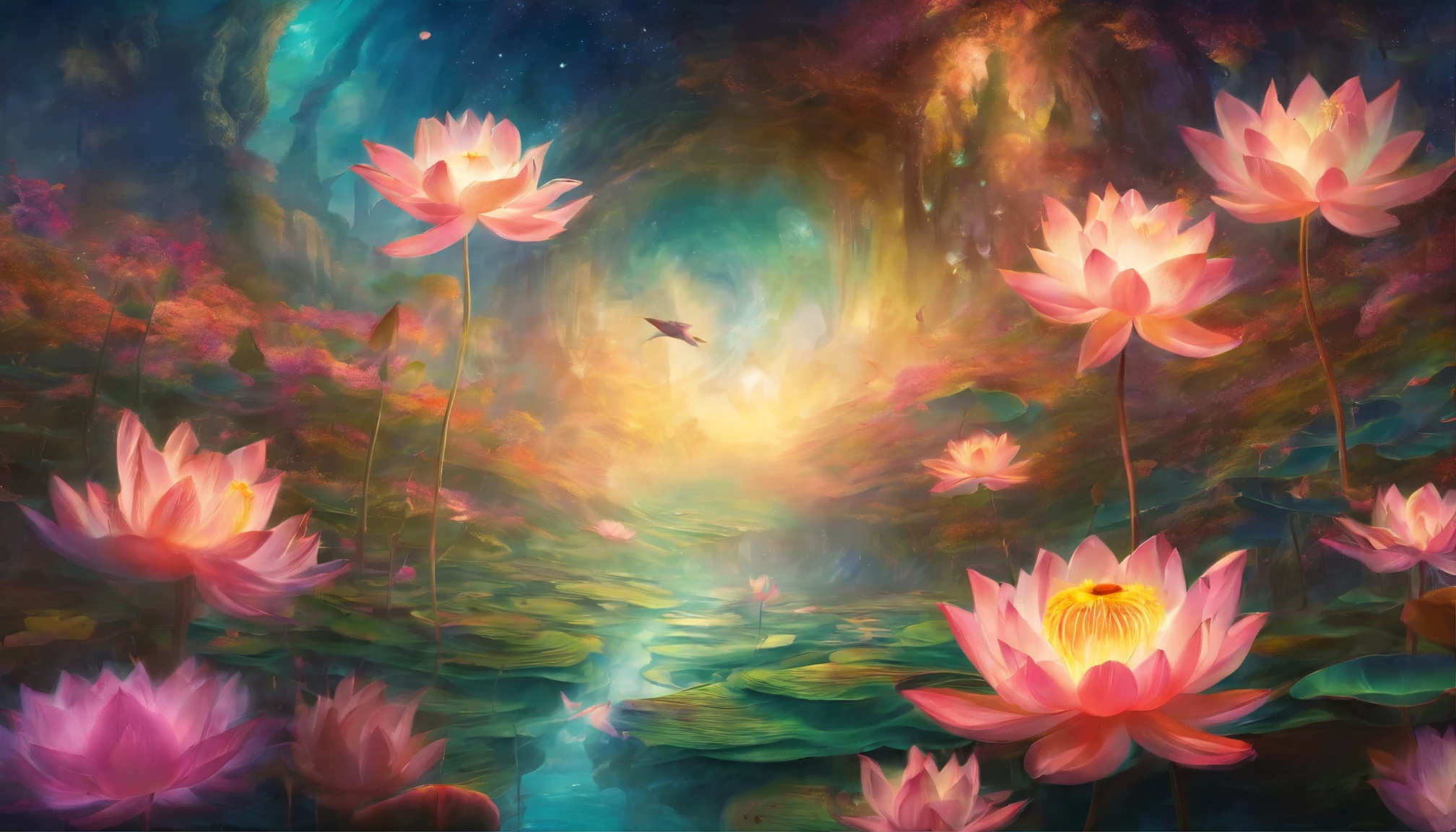 Underneath the lotus, artistic conception, Light shines straight down from above