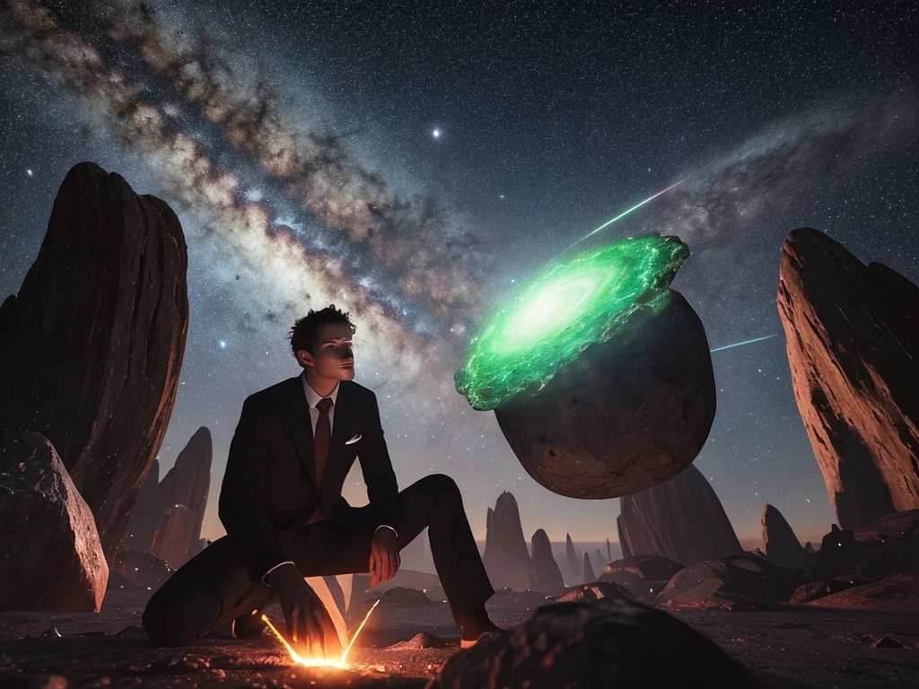 Draw a young programmer, sitting on a research platform floating in the middle of an asteroid belt. He is studying with a notebook, surrounded by several asteroids glowing with fiery auras. Dramatic lighting from distant stars and planets illuminates the scene, casting deep shadows on the suit. The young man looks confident and determined, looking at the vast and mysterious universe with wonder and respect,facial hair, cowboy shot,