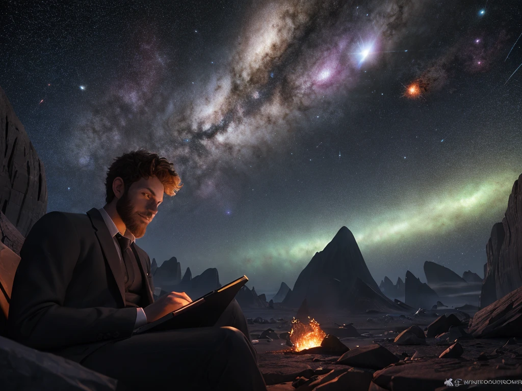 Draw a young programmer, sitting on a research platform floating in the middle of an asteroid belt. He is studying with a notebook, surrounded by several asteroids glowing with fiery auras. Dramatic lighting from distant stars and planets illuminates the scene, casting deep shadows on the suit. The young man looks confident and determined, looking at the vast and mysterious universe with wonder and respect,facial hair, cowboy shot,