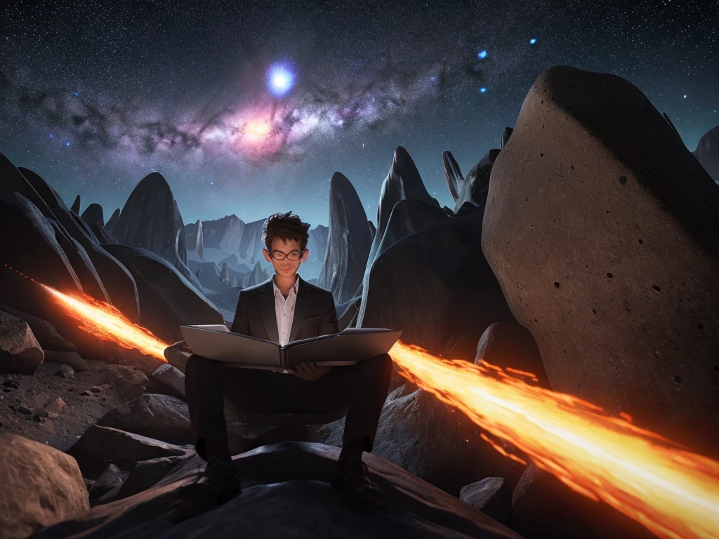 Draw a young programmer, sitting on a research platform floating in the middle of an asteroid belt. He is studying with a notebook, surrounded by several asteroids glowing with fiery auras. Dramatic lighting from distant stars and planets illuminates the scene, casting deep shadows on the suit. The young man looks confident and determined, looking at the vast and mysterious universe with wonder and respect,facial hair, cowboy shot,