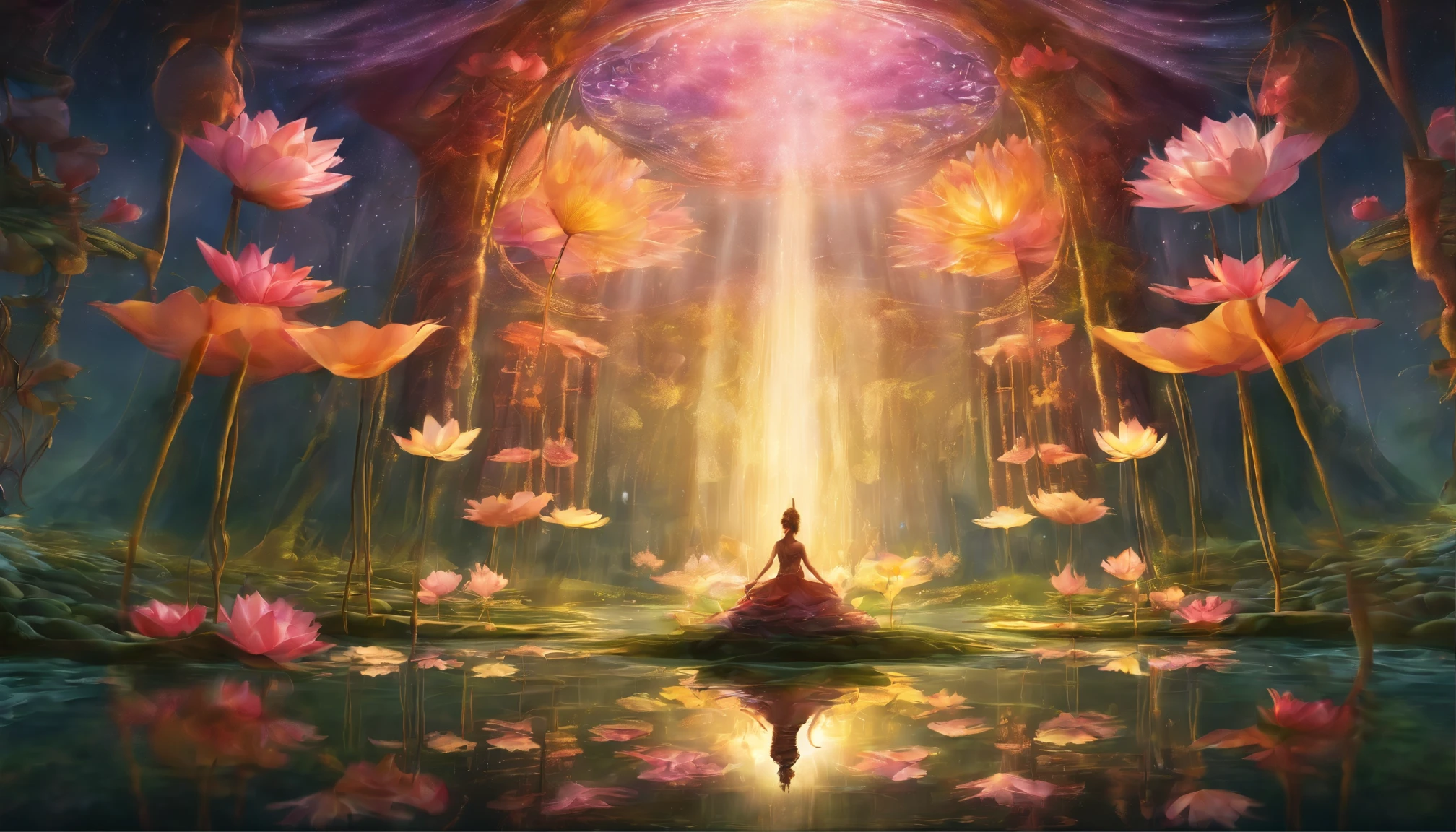 Underneath the lotus, artistic conception, Light shines straight down from above