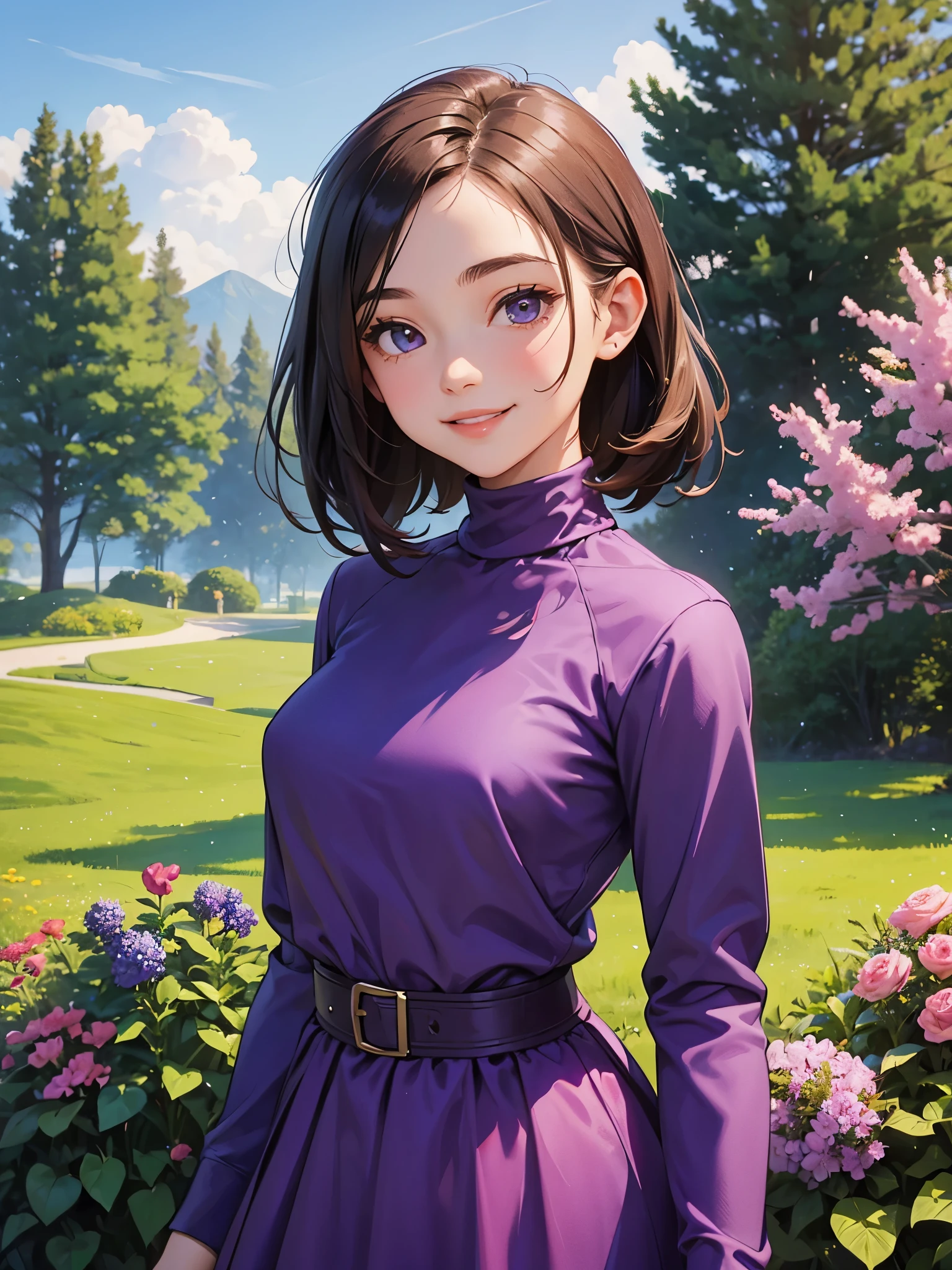 1 girl, young girl, small breasts, turtleneck, purple dress, smiling, looking at viewer, scenery, trees, flowers