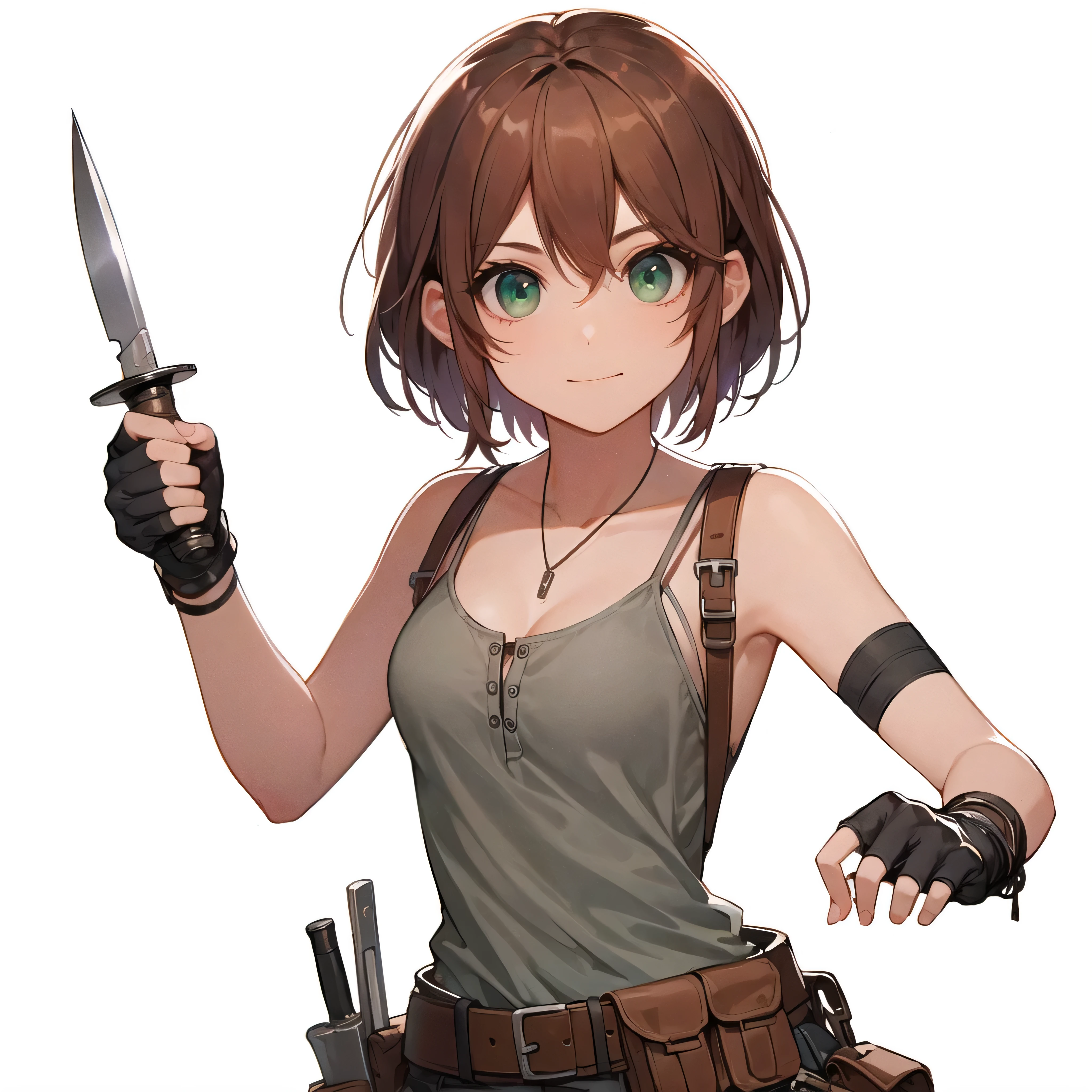 1 girl, 15 years old, human, (thief:1.3), short brown hair, (half updo:1.3), (asymmetrical hair:1.3), wearing agile thief clothes with a tank top, wielding a dagger, average body, baby face, cute green eyes, BREAK flat high-quality illustration style, BREAK no background